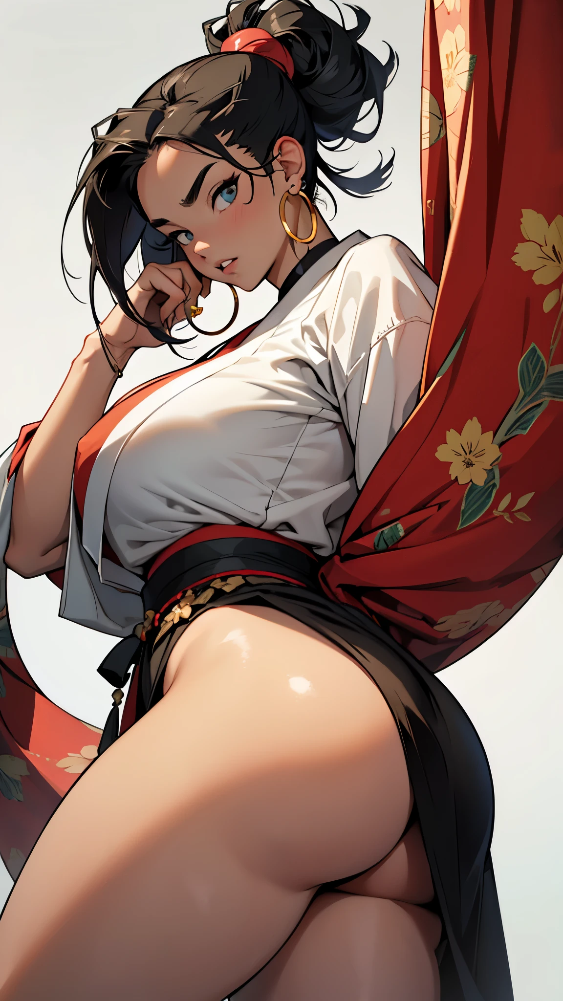 masterpiece, ultra quality, Beautiful detailed, extremely detailed,16K, exquisite, absurdity, highres, Beautiful background, Beautiful eye, Beautiful skin, anime style, ((facing the viewer directly:1.2)), from below, cowboy shot, Huge, bbw, thick, Plump, thickボディ, Huge ass, ratio, young girl, arched eyebrows, big lips, 艶やかなthick唇, cute face, big hoop earrings, black hair, topknot hair, long acrylic nails, Japanese clothing, NSFW, 1 girl ebony, perfect hands, perfect anatomy