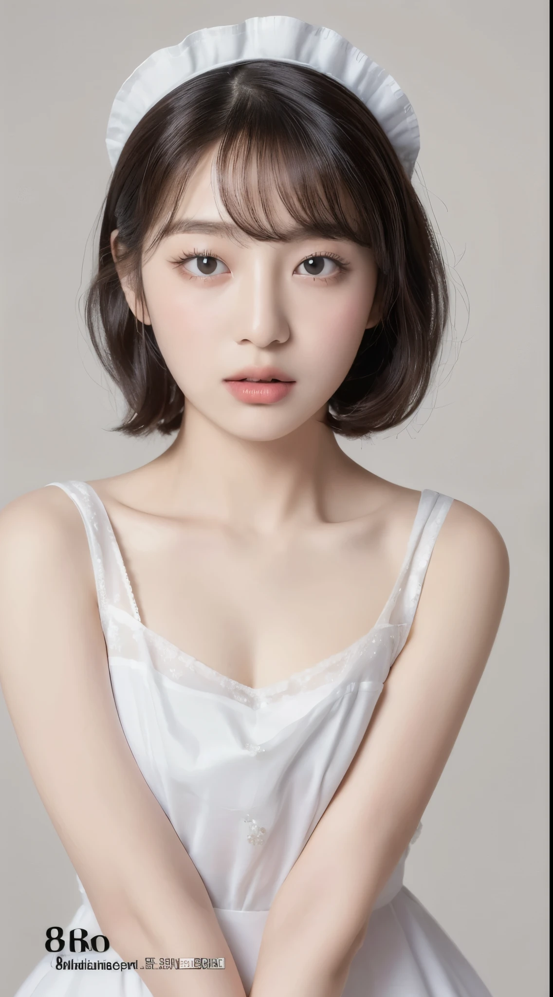((highest quality, 8k, masterpiece: 1.3)), sharp: 1.2, (Maid clothes:1.2), ((bob hair: 1.2)), (white background: 1.2), Highly detailed face and skin texture, fine eyes, double eyelid, Frontal face looking at the camera, 13 years old, cheek, baby face, lipstick, sex appeal,