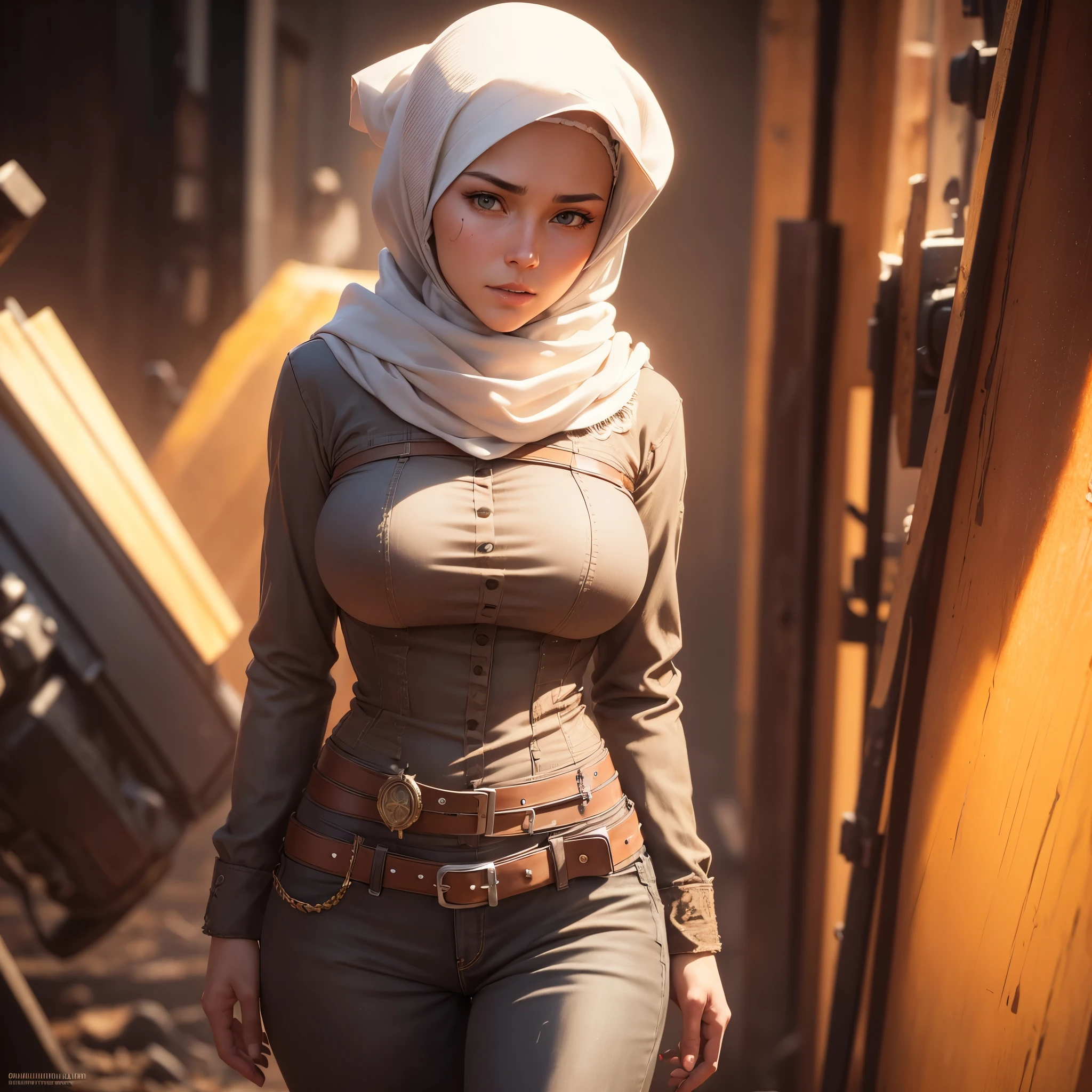 A (rugged man resembling Clint Eastwood, wild west gunslinger dressed in white), (busty malaysian gunslinger, age 20 immensely busty, hijab no hair showing), old west town sunset, (best quality,4k,8k,highres,masterpiece:1.2), ultra-detailed, (realistic,photorealistic,photo-realistic:1.37), HDR, UHD, studio lighting, ultra-fine painting, sharp focus, physically-based rendering, extreme detail description, professional, vivid colors, bokeh, portraits, landscape, horror, anime, sci-fi, photography, concept artists, warm color palette, golden-hour lighting