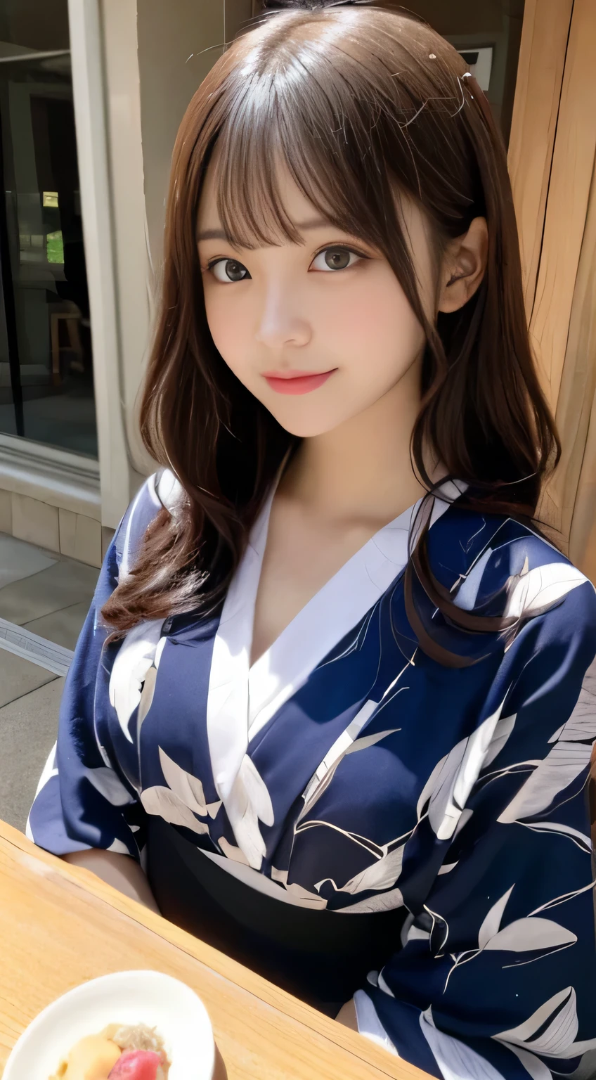 table top, highest quality, shape, Super detailed, finely, High resolution, 8k wallpaper, 完璧なダイナミックな構shape, beautiful and detailed eyes, yukata、,medium hair,small breasts natural color lip, bold sexy pose,smile,Harajuku、20 year old girl、cute、sexy shot looking at camera、