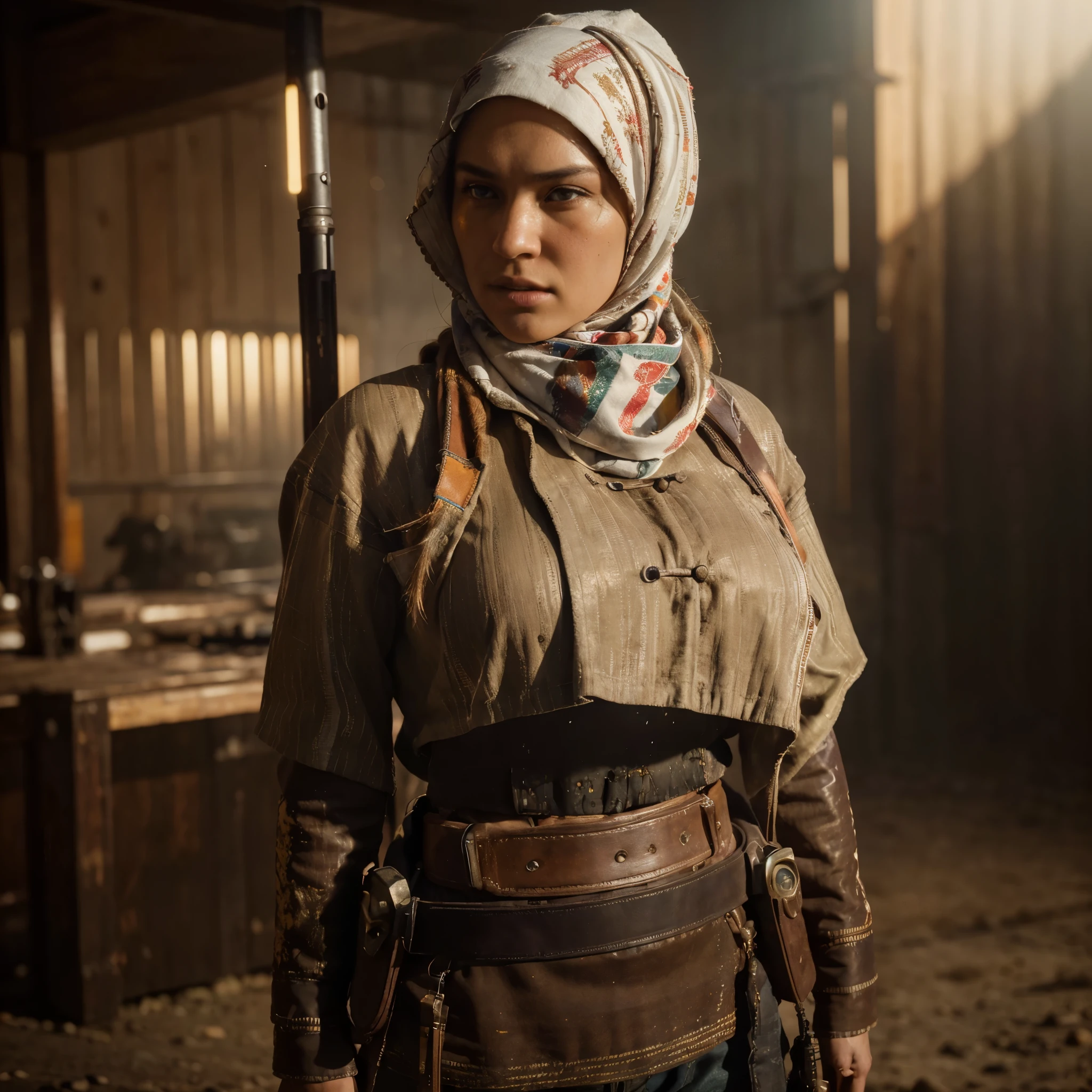 (extreme complexity)(two subjects) (Western gunfighter showdown), A (rugged man resembling Clint Eastwood, wild west gunslinger dressed in white), (busty malaysian gunslinger, age 20 immensely busty, hijab no hair showing), old west town sunset, (best quality,4k,8k,highres,masterpiece:1.2), ultra-detailed, (realistic,photorealistic,photo-realistic:1.37), HDR, UHD, studio lighting, ultra-fine painting, sharp focus, physically-based rendering, extreme detail description, professional, vivid colors, bokeh, portraits, landscape, horror, anime, sci-fi, photography, concept artists, warm color palette, golden-hour lighting, (show both gunslingers, extreme tension)