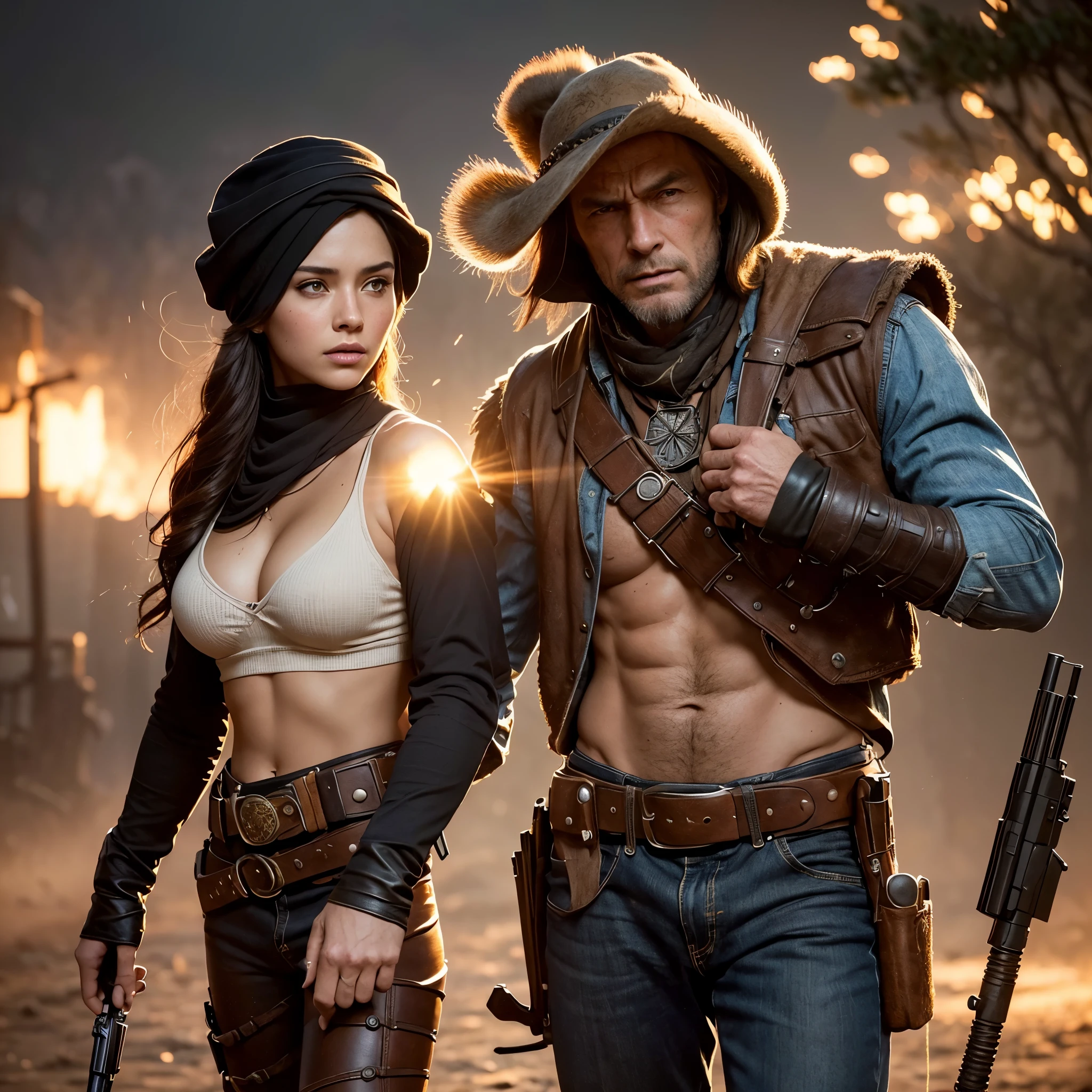 (extreme complexity)(two subjects) (Western gunfighter showdown), A (rugged man resembling Clint Eastwood, wild west gunslinger dressed in white), (busty malaysian gunslinger, age 20 immensely busty, hijab no hair showing), old west town sunset, (best quality,4k,8k,highres,masterpiece:1.2), ultra-detailed, (realistic,photorealistic,photo-realistic:1.37), HDR, UHD, studio lighting, ultra-fine painting, sharp focus, physically-based rendering, extreme detail description, professional, vivid colors, bokeh, portraits, landscape, horror, anime, sci-fi, photography, concept artists, warm color palette, golden-hour lighting, (show both gunslingers, extreme tension)