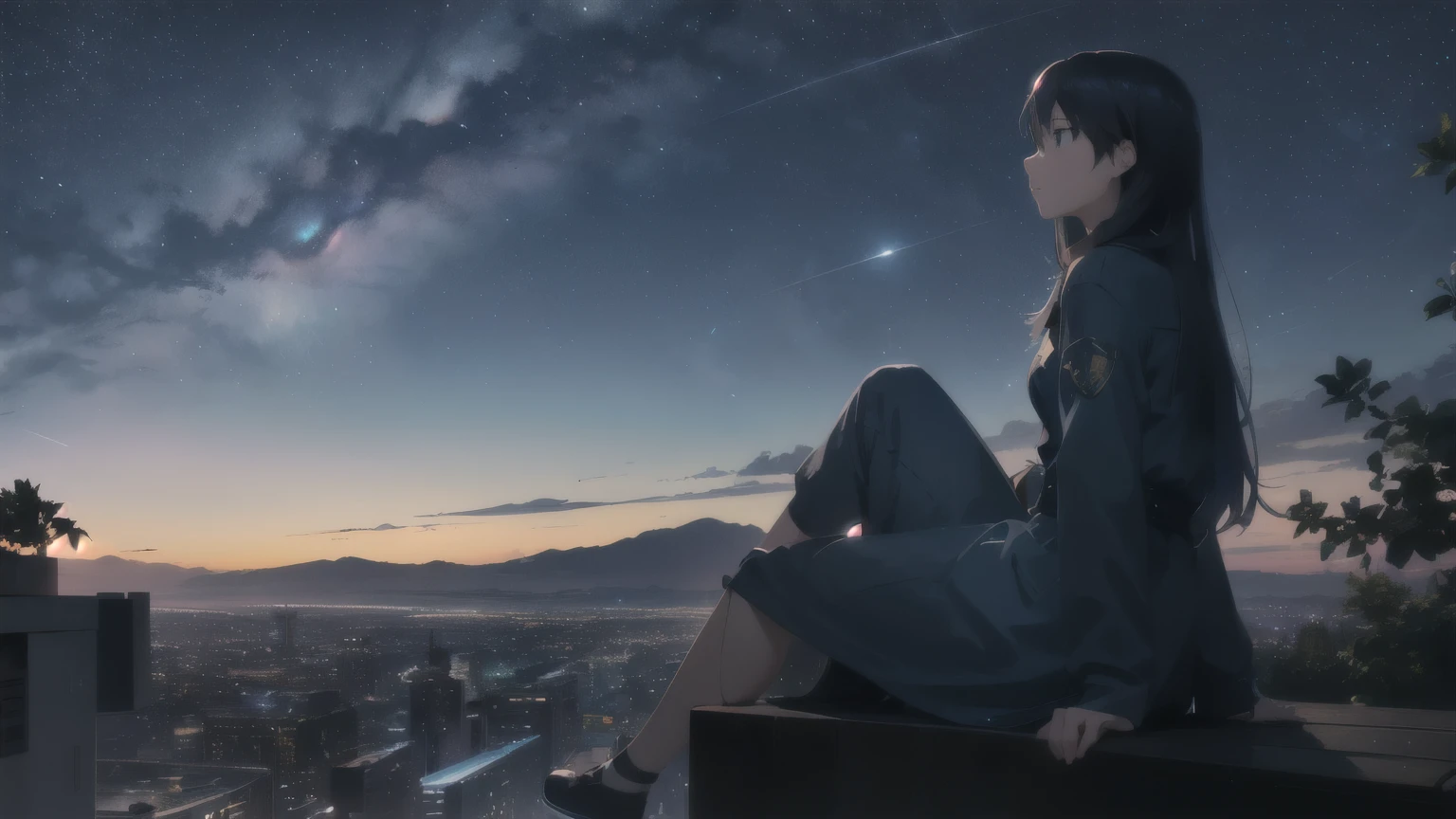 There is a woman sitting on a bench looking at the sky, space sky. by Makoto Shinkai, 4k anime wallpaper, anime style 4k, anime art wallpaper 8k, anime art wallpaper 4k, anime art wallpaper 4k, anime wallpaper 4k, anime wallpaper 4k, makoto shinkai cyril rolando, girl stares into space