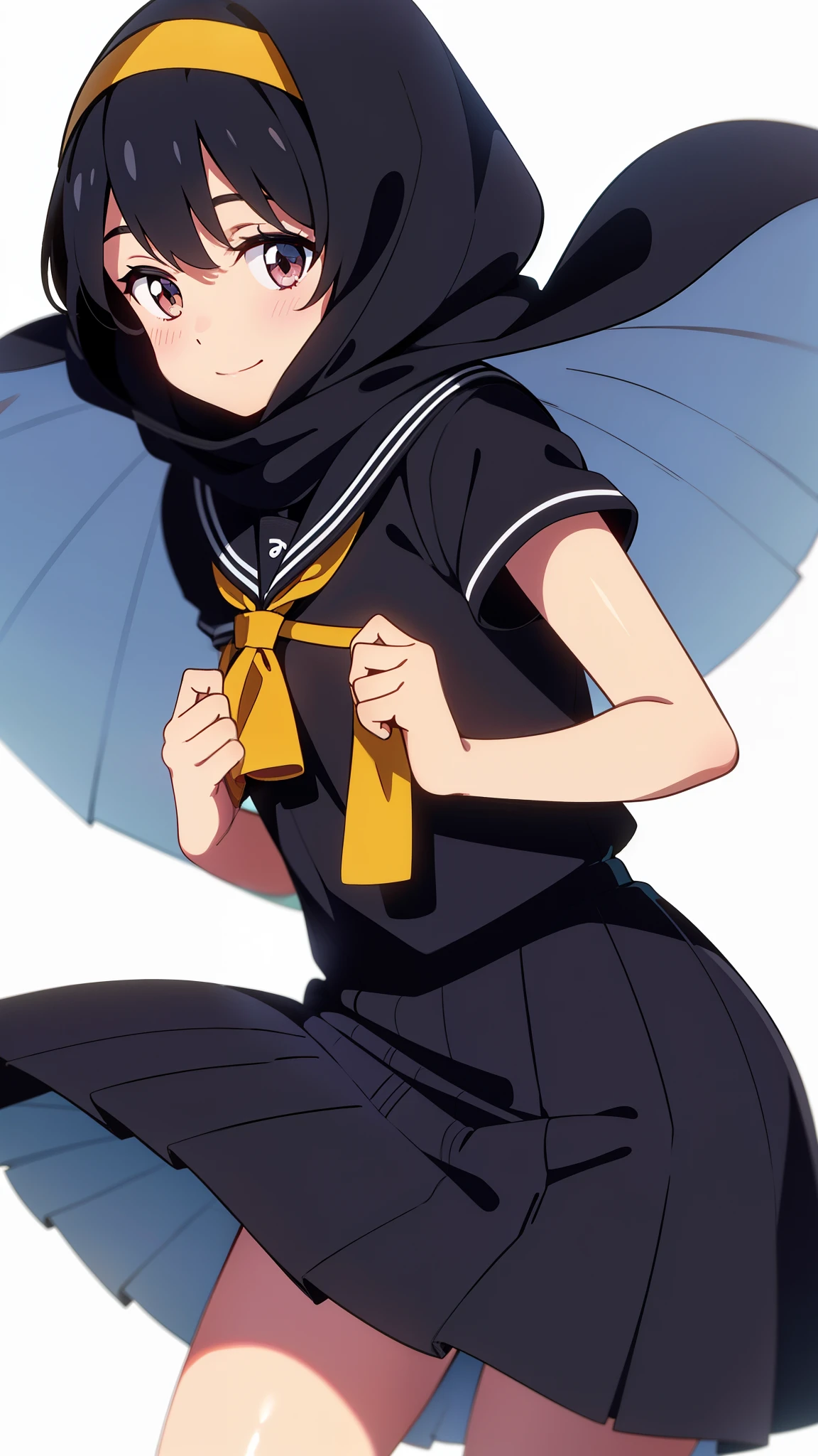 shinkai makoto, kimi no na wa., 1girl, bangs, black hair, short hair, blush, round eyes, bright eyes, brown eyes, red bow, muslimah, ((wearing islamic hijab)), smile, cute, beautiful, shiny skin, looking at the viewer, solo, cute girl, black sailor collar, black sailor color, black skirt, plaid skirt, short sleeves, white background
