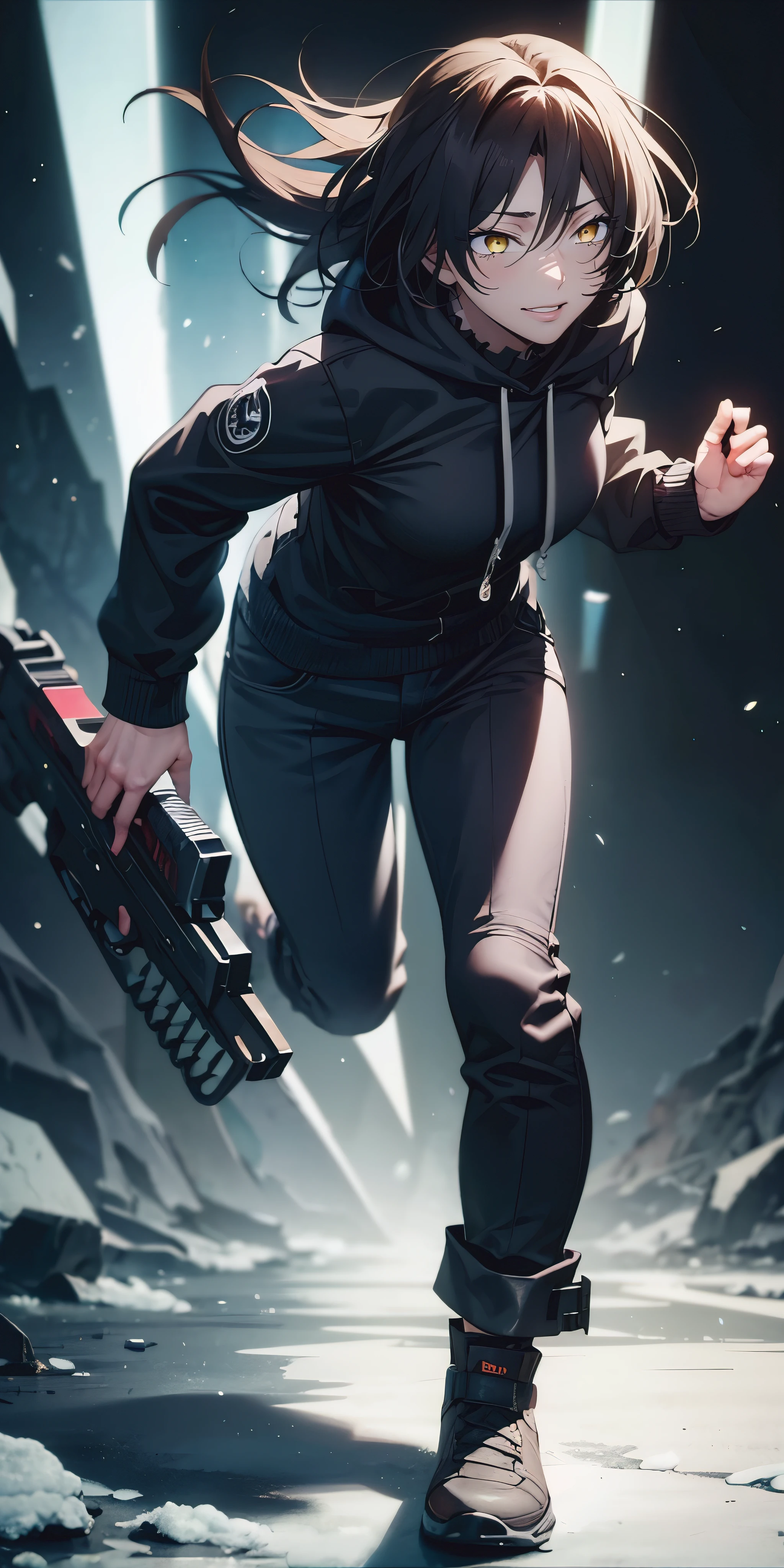 1 girl, black hoodie, Dominique de Sade, yellow eyes, black long pants, holding a gun, running around, ultra-detailed, at the north pole, masterpiece:1.2, vivid colors, HDR, studio lighting, portrait, icy blue color tones, dramatic lighting effects,
