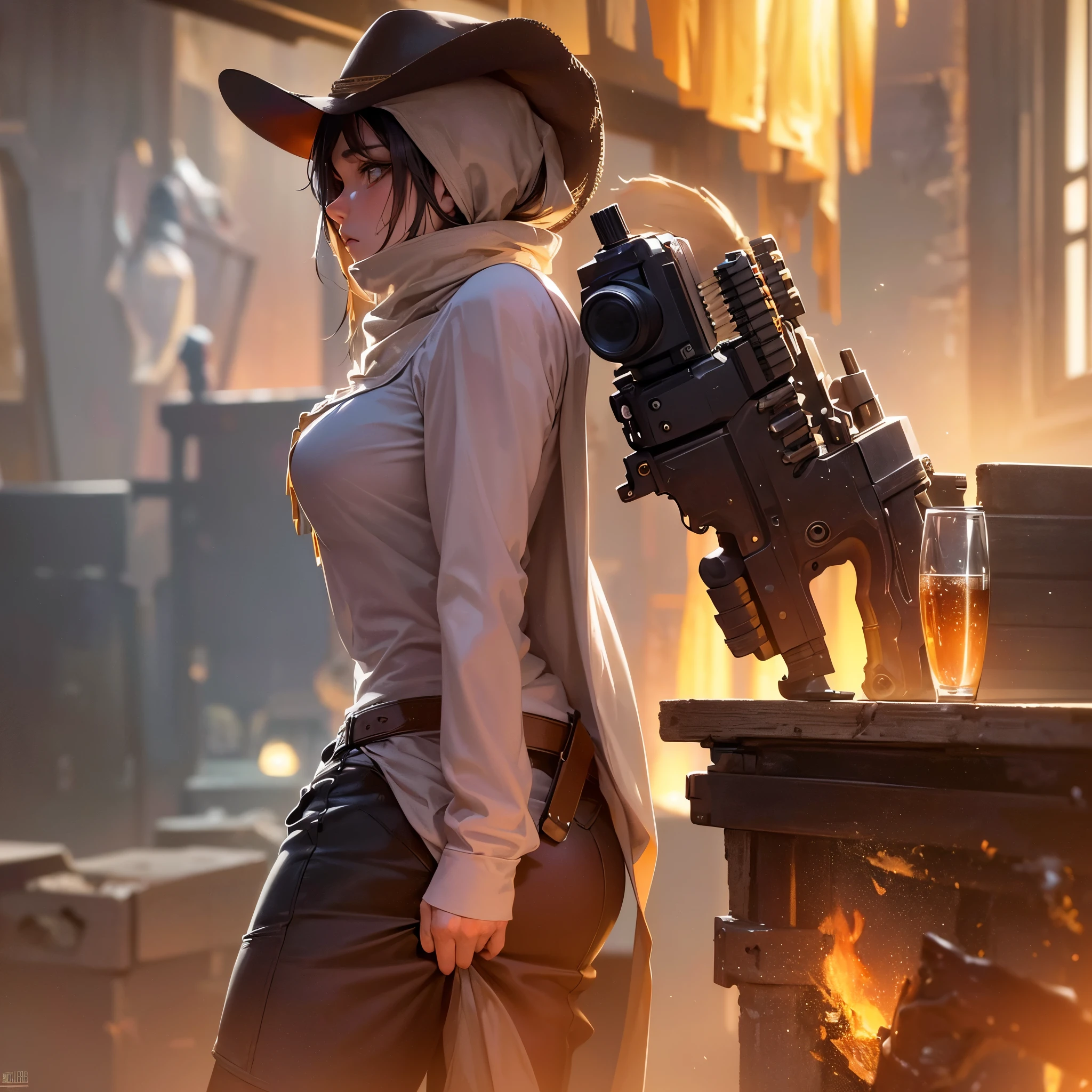 (extreme complexity)(two subjects) (Western gunfighter showdown), A (rugged man resembling Clint Eastwood, wild west gunslinger dressed in white), (busty malaysian gunslinger, age 20 immensely busty, hijab no hair showing), old west town sunset, (best quality,4k,8k,highres,masterpiece:1.2), ultra-detailed, (realistic,photorealistic,photo-realistic:1.37), HDR, UHD, studio lighting, ultra-fine painting, sharp focus, physically-based rendering, extreme detail description, professional, vivid colors, bokeh, portraits, landscape, horror, anime, sci-fi, photography, concept artists, warm color palette, golden-hour lighting, (show both gunslingers, extreme tension)