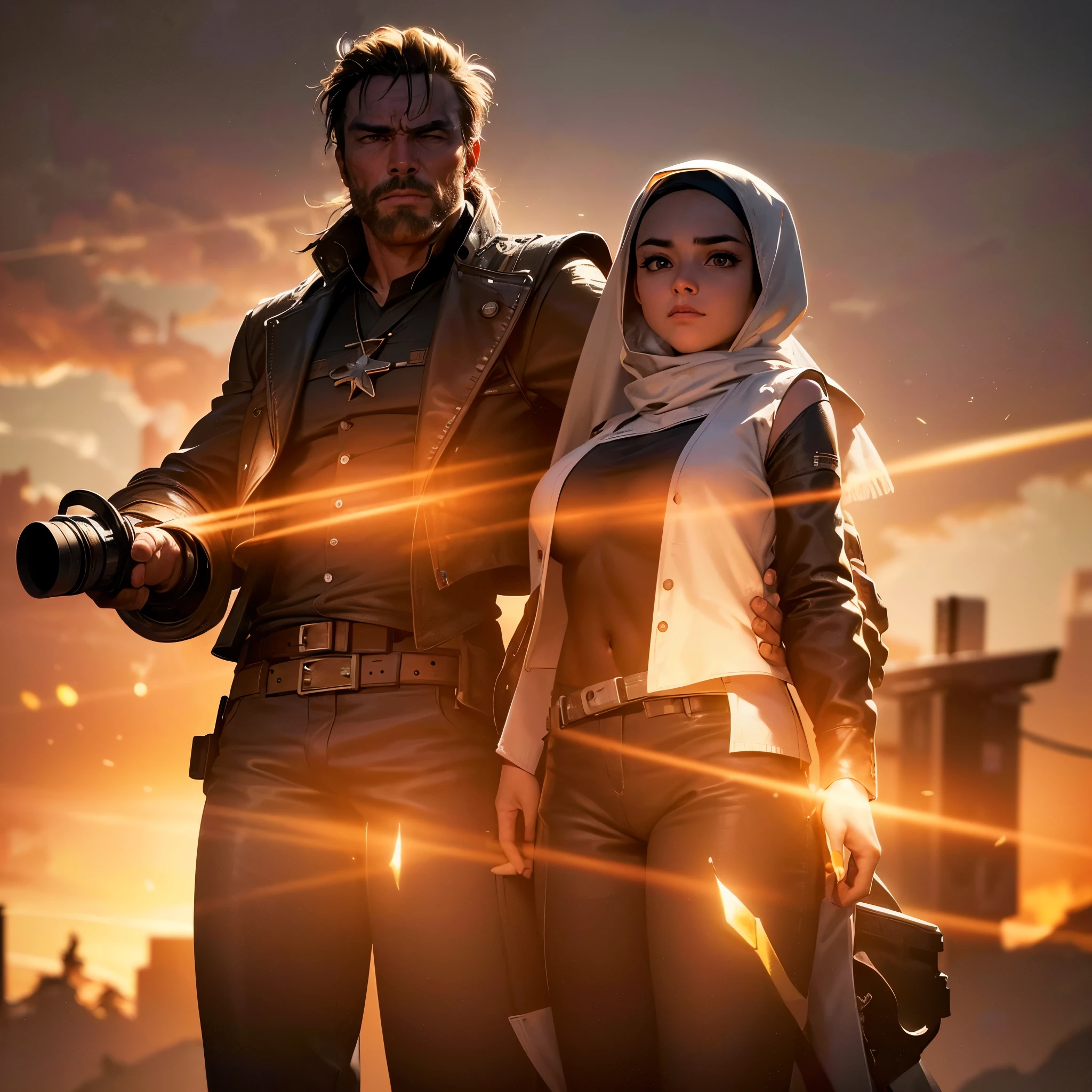 (extreme complexity)(two subjects) (Western gunfighter showdown), A (rugged man resembling Clint Eastwood, wild west gunslinger dressed in white), (busty malaysian gunslinger, age 20 immensely busty, hijab no hair showing), old west town sunset, (best quality,4k,8k,highres,masterpiece:1.2), ultra-detailed, (realistic,photorealistic,photo-realistic:1.37), HDR, UHD, studio lighting, ultra-fine painting, sharp focus, physically-based rendering, extreme detail description, professional, vivid colors, bokeh, portraits, landscape, horror, anime, sci-fi, photography, concept artists, warm color palette, golden-hour lighting, (show both gunslingers, extreme tension)