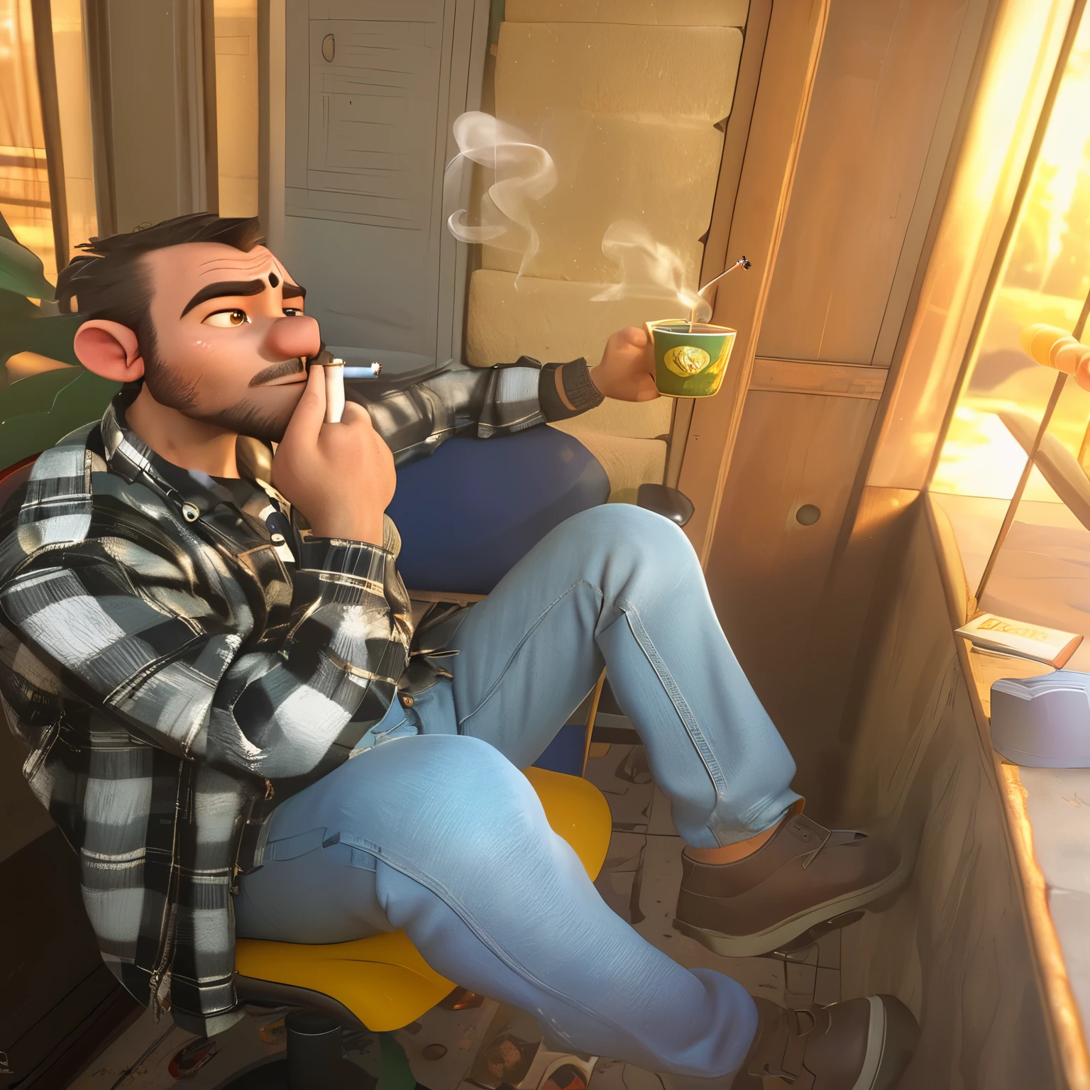 There's a man sitting in a chair smoking a cigarette, Arte conceitual relaxante, 3d rendering estilizada, Stylized 3D rendering, fazendo uma pausa para fumar, ultra realistic 3D illustration, olhar carrancudo :: octane rendering, render in pixar, pintura digital. octane rendering, pixar octane rendering, estilo de arte realista, pixar zootopia. 3d rendering