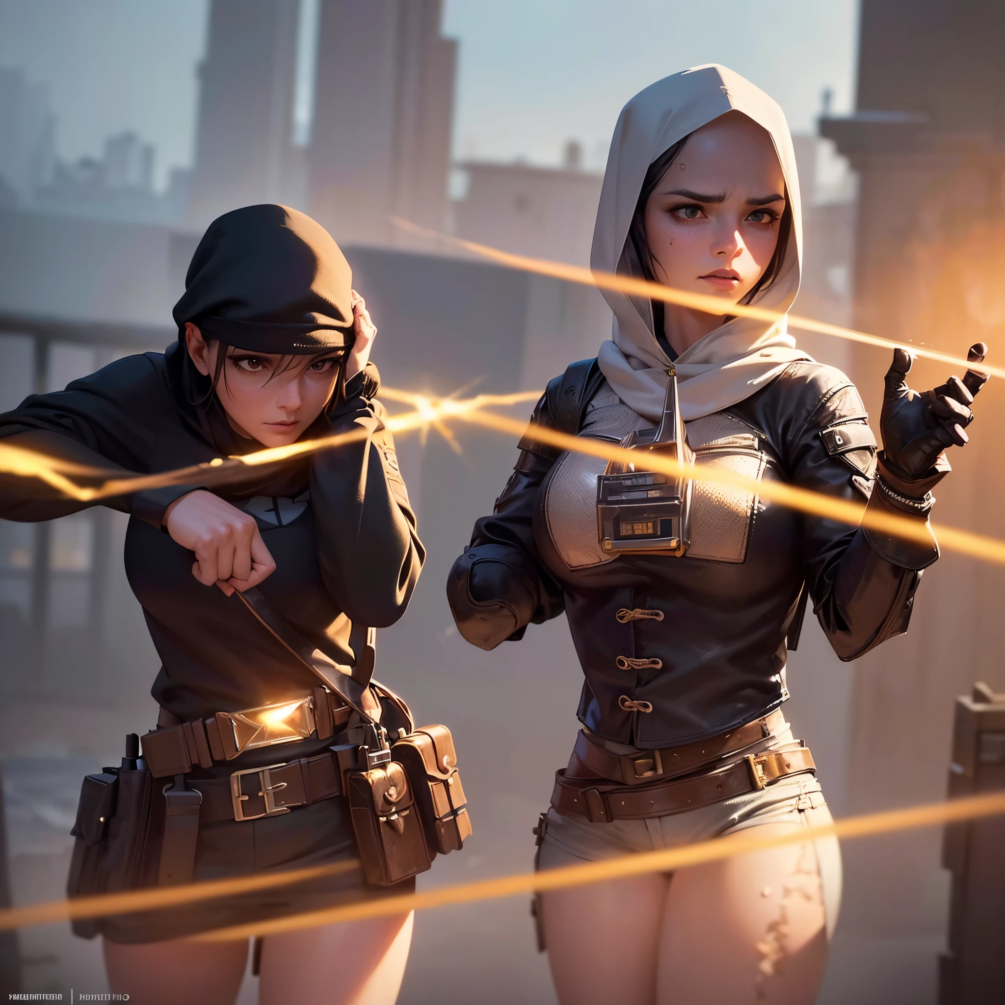 (extreme complexity)(two subjects) (Western gunfighter showdown), A (rugged man resembling Clint Eastwood, wild west gunslinger dressed in white), (busty malaysian gunslinger, age 20 immensely busty, hijab no hair showing), old west town sunset, (best quality,4k,8k,highres,masterpiece:1.2), ultra-detailed, (realistic,photorealistic,photo-realistic:1.37), HDR, UHD, studio lighting, ultra-fine painting, sharp focus, physically-based rendering, extreme detail description, professional, vivid colors, bokeh, portraits, landscape, horror, anime, sci-fi, photography, concept artists, warm color palette, golden-hour lighting, (show both gunslingers, extreme tension)