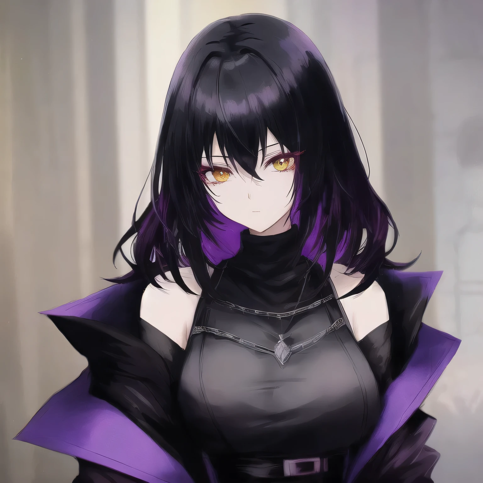 anime character dressed in black with chain around his neck, turtle neck, shadow mage female, female fantasy Vampire, single character, rpg portrait, noble female, anime illustration, dark witch character, rpg, black hair purple gradien, yellow eyes purple gradien color, rosario earpierce, wolf cut hair, female, wolfcut hair, bigboobs