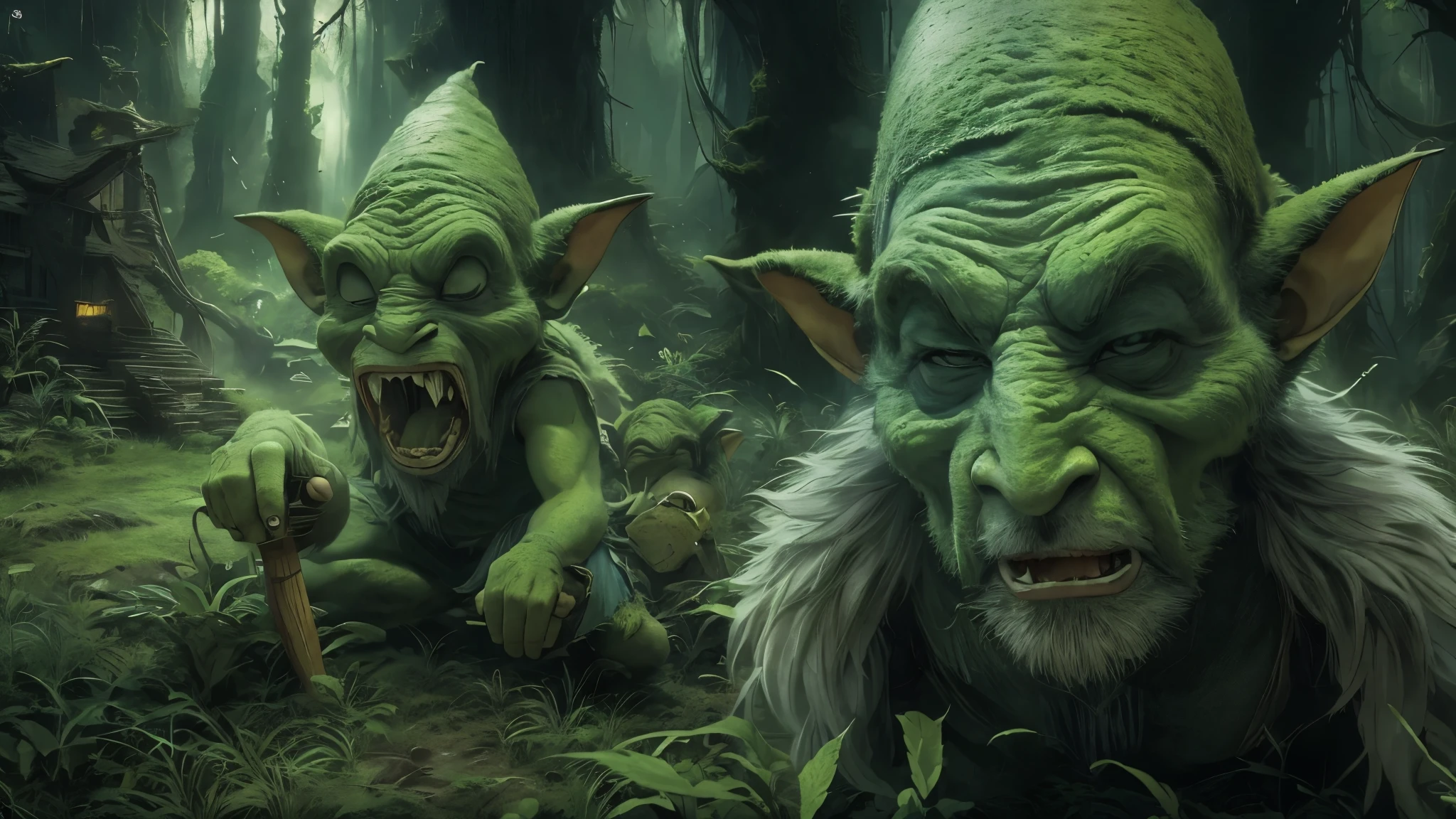 (master piece), 8k, best quality, panoramic view, Goblins, green, black and malicious eyes, evil, huge pointed ears, sharp teeth, bald, thin, 1 meter, 120 centimeters tall, dirty torn cloth clothing, in the forest of gnomes