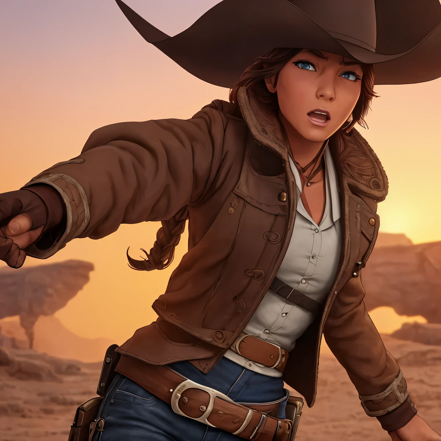 (extreme complexity)(two subjects) (Western gunfighter showdown), A (rugged man resembling Clint Eastwood, wild west gunslinger dressed in white), (busty malaysian gunslinger, age 20 immensely busty, hijab no hair showing), old west town sunset, (best quality,4k,8k,highres,masterpiece:1.2), ultra-detailed, (realistic,photorealistic,photo-realistic:1.37), HDR, UHD, studio lighting, ultra-fine painting, sharp focus, physically-based rendering, extreme detail description, professional, vivid colors, bokeh, portraits, landscape, horror, anime, sci-fi, photography, concept artists, warm color palette, golden-hour lighting, (show both gunslingers, extreme tension)