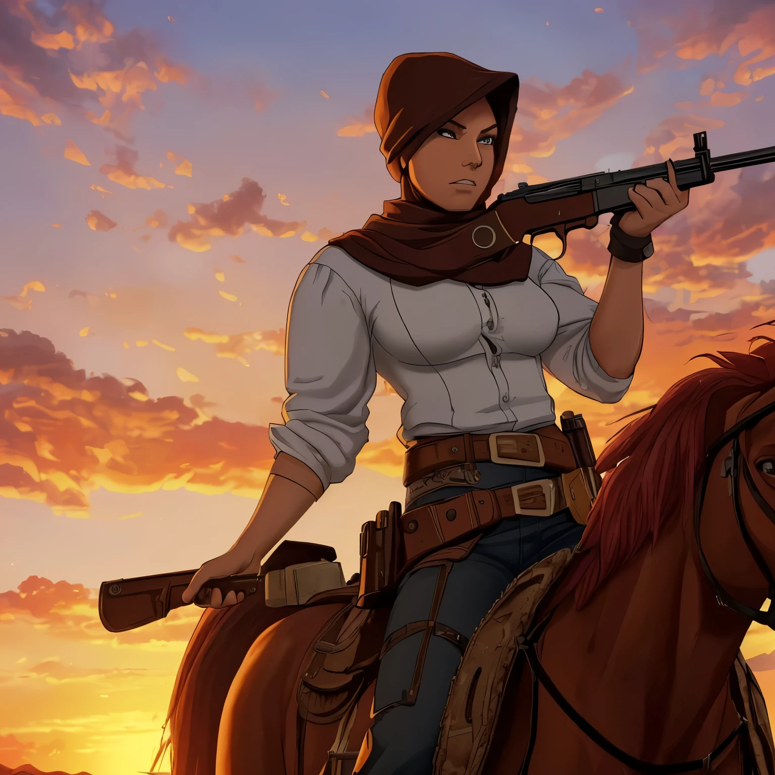 (extreme complexity)(two subjects) (Western gunfighter showdown), A (rugged man resembling Clint Eastwood, wild west gunslinger dressed in white), (busty malaysian gunslinger, age 20 immensely busty, hijab no hair showing), old west town sunset, (best quality,4k,8k,highres,masterpiece:1.2), ultra-detailed, (realistic,photorealistic,photo-realistic:1.37), HDR, UHD, studio lighting, ultra-fine painting, sharp focus, physically-based rendering, extreme detail description, professional, vivid colors, bokeh, portraits, landscape, horror, anime, sci-fi, photography, concept artists, warm color palette, golden-hour lighting, (show both gunslingers, extreme tension)