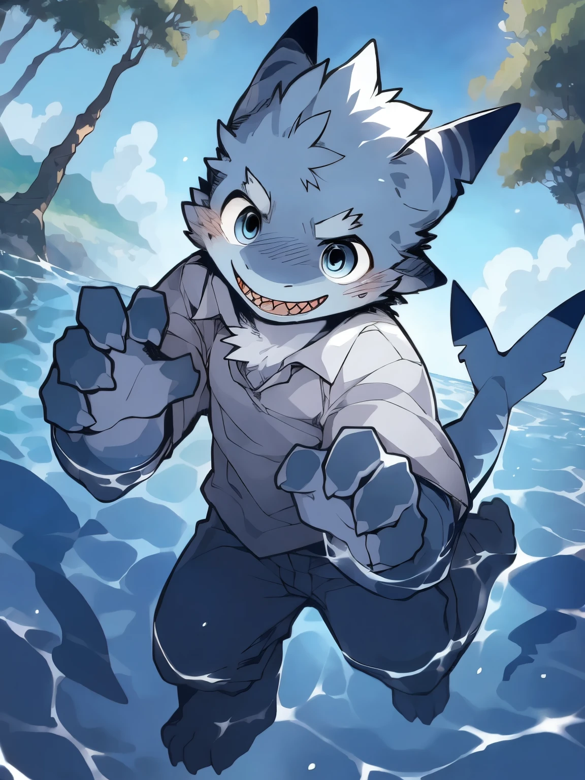 Empty,(shark, finless shark), Humanity,4 fingers, water blue eyes, blue pants, White shirt, boy,humanoid,boy, Tail, external, plant, light blue body, Ocean, alone, tree, (water), deTailed background,By Ruhu1145,author:Takemoto Arashi,through empty ghost, cold atmosphere, open smile, soft blue blush