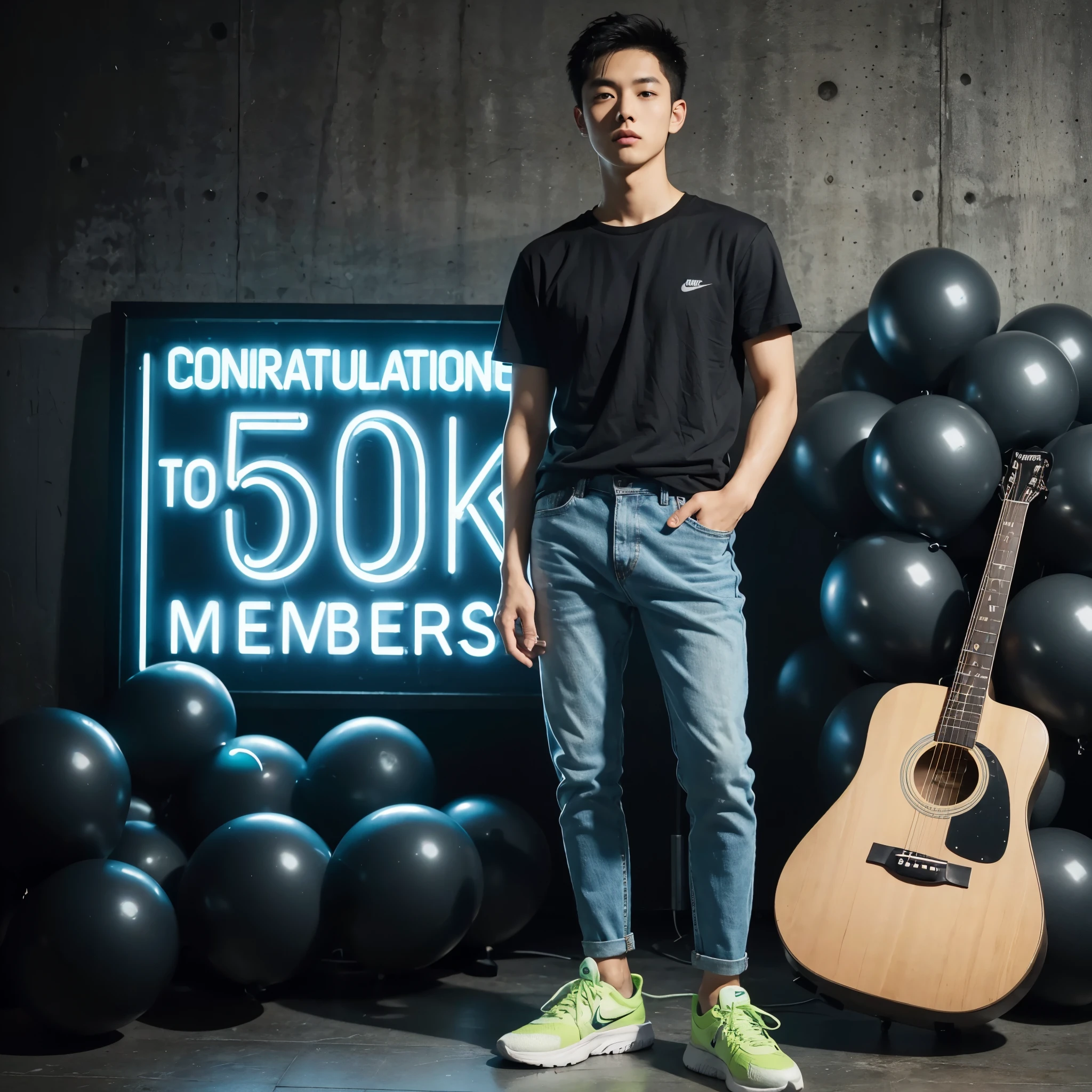 A photo of a young Asian man with very short hair, wearing a black t-shirt, light blue slimfit jeans, green Nike sports shoes, standing next to a large neon box sign that reads "Congratulations to 50k members!" with large black balloons and a guitar. The background is dark, highly realistic, detailed, 8k UHD.