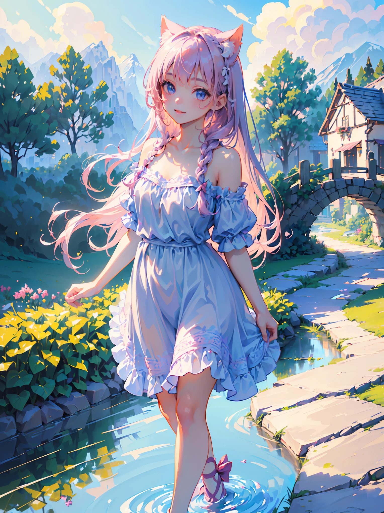 (((1girl))), (((masterpiece))), (((best quality))), (((high resolution))), (((extremely detailed))), (((8k))), (((extremely lovely and delicately and naturally detailed elegant girl))), (((exteremely detailed eyes))), (((detailed soft light))), (((silky pink mix purple hair))), (((long braided hair))), (((warm cute beautiful casual outdoor clothing))), (cute hair ribbons), (folded cat ears), (shoulder), (cleavage), (neck), (((walking in a beautiful village))), ((beautiful and detailed mountain in the background of the village)), (sunny), (sunlight), (shades), (soft shadow), (clouds) (tree), (bush), (beautiful grass), (flowers), (river), (small bridge across the village), (feminine pose), ((sweet smile)), ((modelshoot style)), ((full shot)), ((dynamic angle)), ((cinematic)), ((85mm)), ((hdr))