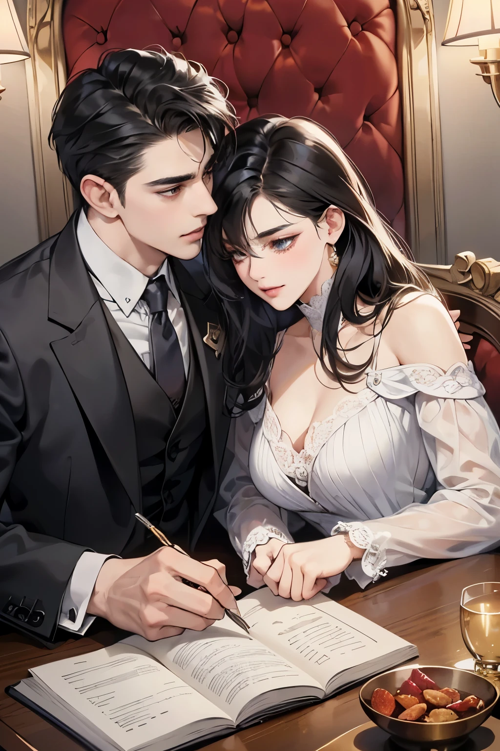 (table top, digital art, digital illustration, 4k, 8k, Super detailed, beautiful images, clear image, realistic, RAW photo, perfect face, perfect lines, perfect eyes, soft lighting) 1 female, (long black hair,straight hair,bullish look,Beautiful woman,man in suit,solid makeup,23 year old female,:1.3),secretary, Two handsome men in suits, (human,man in suit,muscular,solid shoulder width, human,boyish hairstyle,british gentleman's style,A man in his 30s with a cool expression,28 year old man with a bright smile:1.2),night office scene,antique furniture,antique clamp,antique chair,chandelier,party、couple、coupleキス、romance、romanceポルノ、look at each other、hug each other