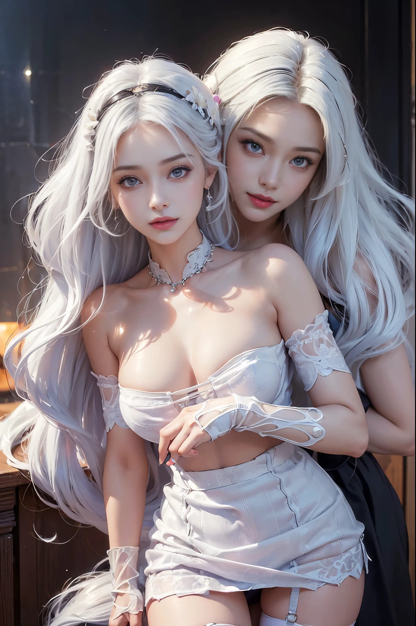 ((tmasterpiece:1.4)、(quality:1.4)、(Realistic:1.7))、Royo(Royo)Surreal portrait of a beautiful girl、A super beautiful girl、((1 girl in:1.4))、Glowing and natural looking skin texture、Author: Royo(Royo)、19years old、(Two arms:1.4、Two legs:1.4)、(perfect anatomia:1.4)、(Perfect female body:1.4)、A portrait photo of a girl、Closeup photo body shot:1.4), (Highest quality:1.4), (actual:1.7), Royo, beuaty girl, A super beautiful girl, ((1 girl in:1. 4), Glowing and natural looking skin texture, Author: Royo, 19years old, (Perfect female body: 1.4), (Perfect female body: 1.) 4), A portrait photo of a girl, Close-up photo body photo), Fantasyart, soft front lighting, beautifull expression, Kawaii face, The beautiful, Large full-breasted: 1. 2, Beautiful buttocks, Fine Eye, Clear and eye-catching, Beautiful and, pretty eyes, big breasts thin waist, RAW photogr, Redlip, ((White hair, long whitr hair)) , 1 screen view, ),((Off-the-shoulder hand-knitted sweater))、((Black tight skirt))、 (sexyposture), (Milky Way in the sky),((T-back garters and garters))、(A smile)、((an orchid flower))、((The erection))