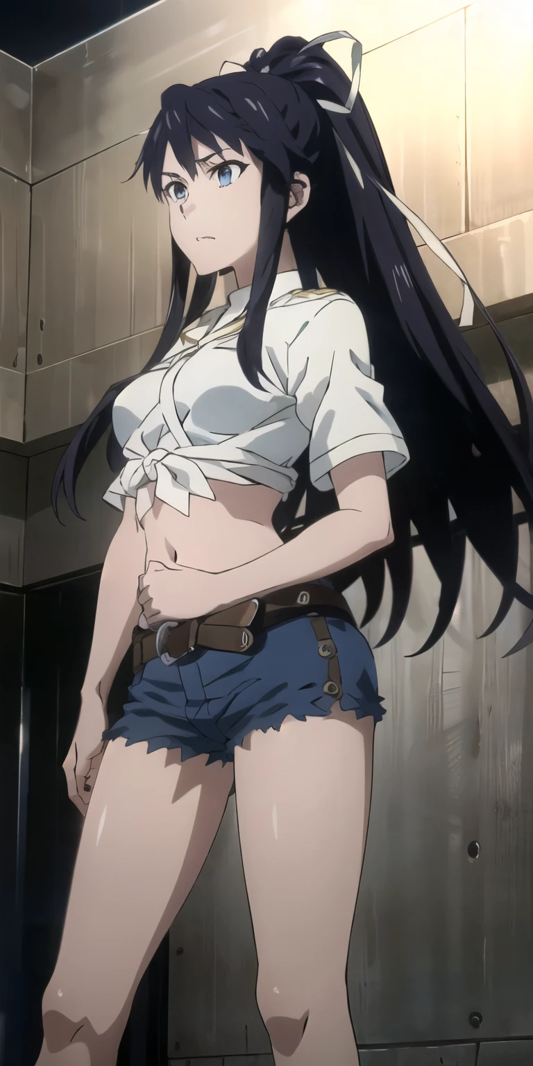 Kanzaki Kaori, hermoso, Obra maestra, Mejor calidad, cara extremadamente detallada, perfect lighting, 1 chica, solo, kiryuin satsuki, blue eyes, junketsu, charreteras, uniforme escolar, falda, botas blancas hasta el muslo, tiro de vaquero,