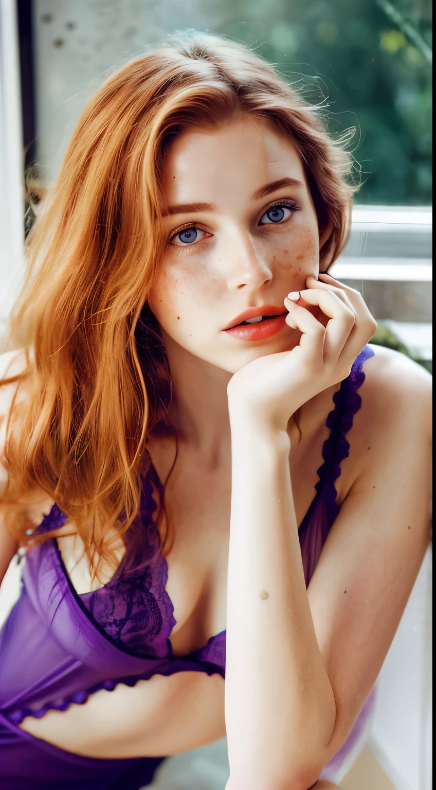 1girl in, age 25, Solo, Aesthetic artwork, irish redhead, wavy ginger hair, shoulder length ginger hair, gray eyes, light grey eyes, some small freckles, pale skin, C-cup, medium breasts, runners body, (textured skin, skin pores:1.1), (moles:0.8), imperfect skin, goosebumps, sitting down having tea, drinking tea, (extremely detailed 8k wallpaper), soft lighting, high quality, film grain, Fujifilm XT3 sharp focus, f 5.6, 50mm, High Detail, Sharp focus,(natural light), in a purple lingerie, crazy details, complex details, hyperdetailed