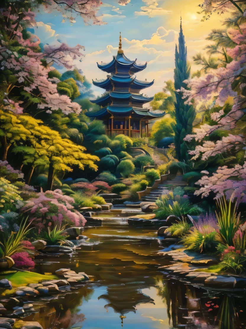 ((masterpiece、highest quality、Super detailed、High resolution、realistic、sharp focus、cinematic lighting))、((there are no humans))、(Highly detailed colorful images)、high contrast、rare flora and fauna garden、ancient temple、pavilion、perfect composition、Best exhibition、professional oil painting、masterpiece