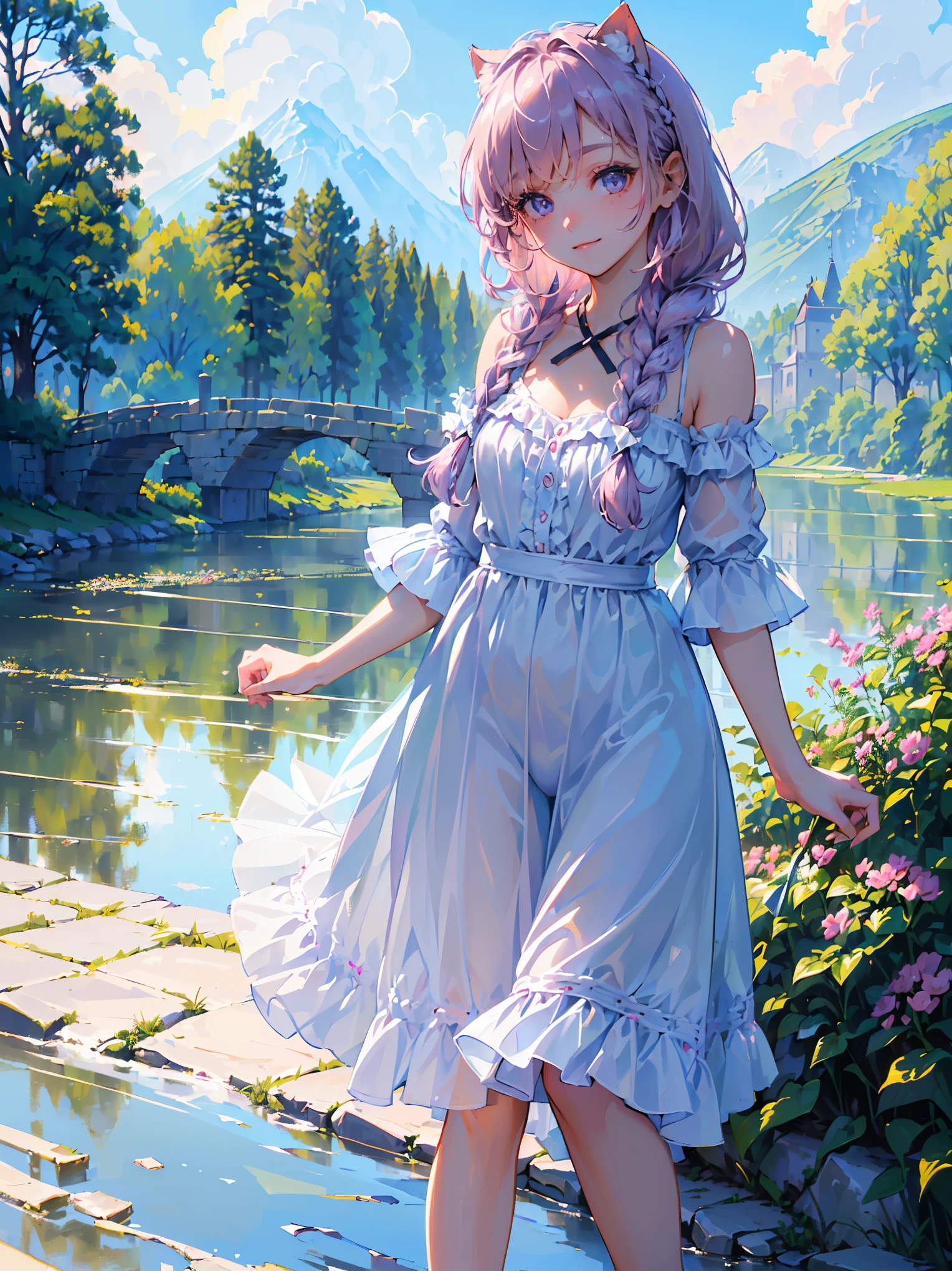 (((1girl))), (((masterpiece))), (((best quality))), (((high resolution))), (((extremely detailed))), (((8k))), (((extremely lovely and delicately and naturally detailed elegant girl))), (((exteremely detailed eyes))), (((detailed soft light))), (((silky pink mix purple hair))), (((long braided hair))), (((warm cute beautiful casual outdoor clothing))), (cute hair ribbons), (folded cat ears), (shoulder), (cleavage), (neck), (((walking in a beautiful village))), ((beautiful and detailed mountain in the background of the village)), (sunny), (sunlight), (shades), (soft shadow), (clouds) (tree), (bush), (beautiful grass), (flowers), (river), (small bridge across the village), (feminine pose), ((sweet smile)), ((modelshoot style)), ((full shot)), ((dynamic angle)), ((cinematic)), ((85mm)), ((hdr))