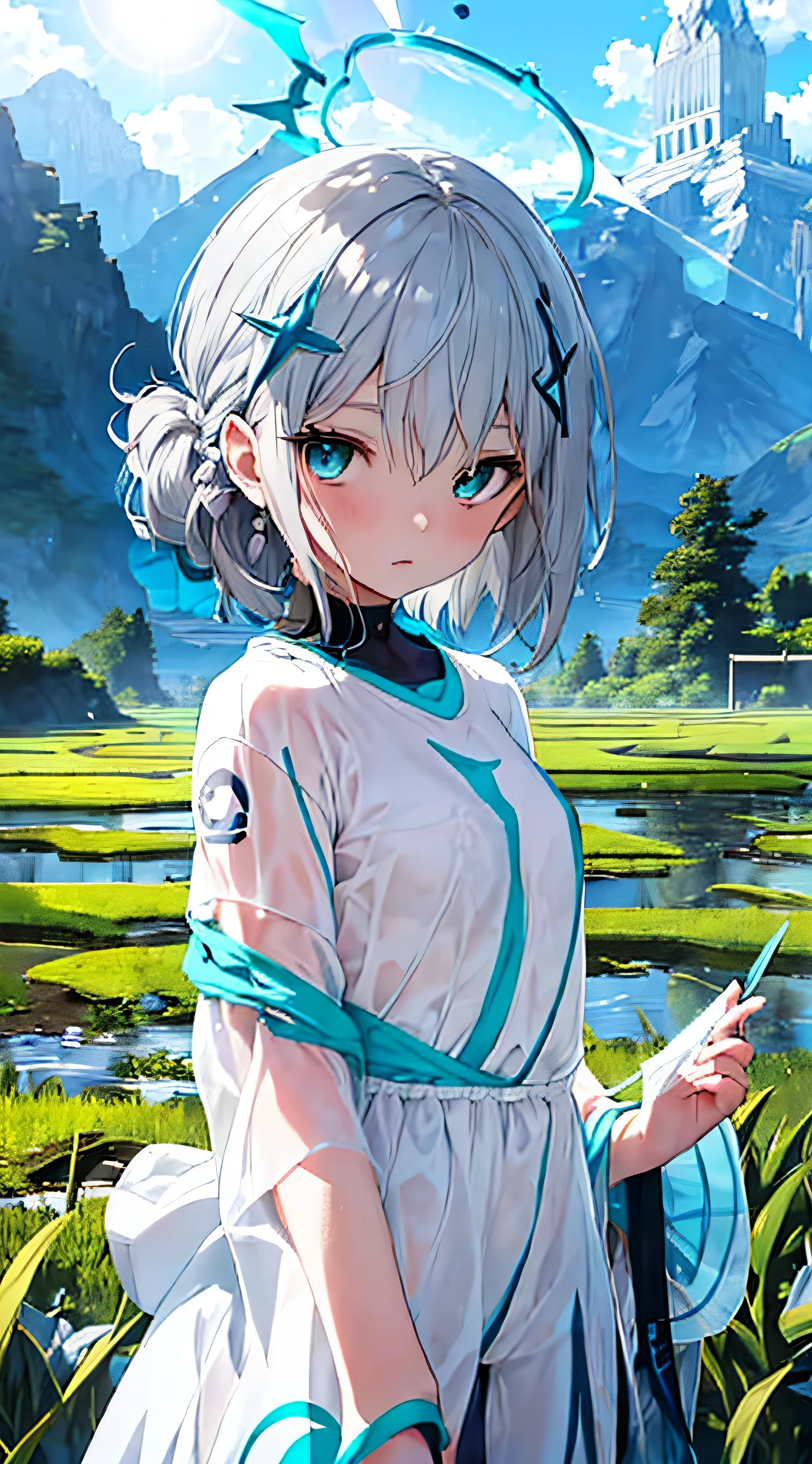 art by Cornflower, dready (A  girl with beautiful detailed eyes, grey hair, aqua eyes). Cute girl. The depth of field in the photo is perfect and the lens flare adds a nice touch. White T - shirt only. The fine details on her face really stand out, score because of this photo Definitely greater than 10. In the backgroundn, rice field, mountains, scenery, shiroko