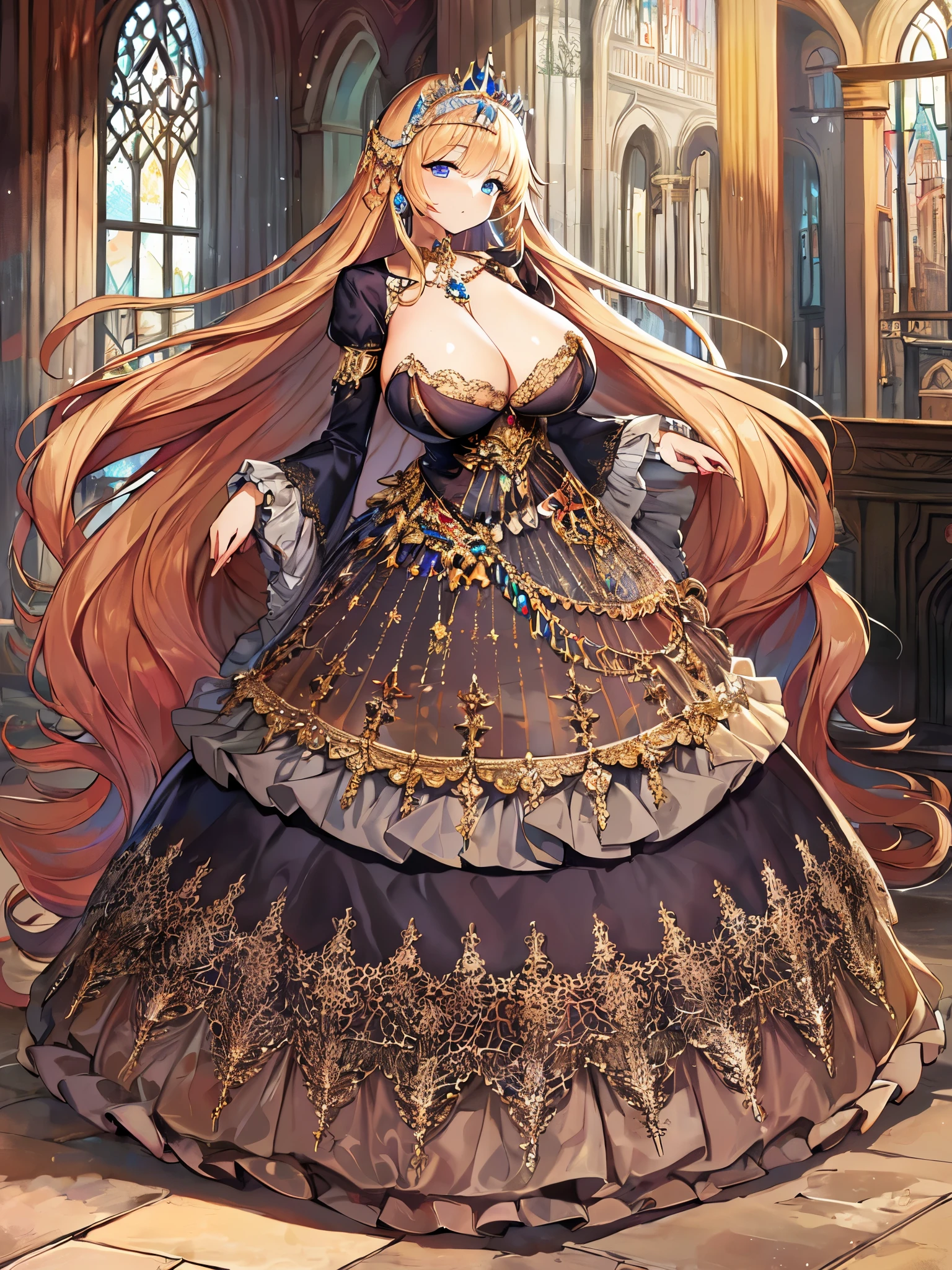 ((anime artstyle)),Masterpiece,Best Quality,Super Detail,((Very Delicate and Beautiful)),Solo,((full body)),full body portrait,(((1 bling-bling rococo princess in a gorgeous rococo ballgown with voluminous full length hoop skirt))),(((very very gigantic tits,cleavage,curvy))),Skindentation,((Cathedral,church)),((crinoline,long train)),super detailed gorgeous ballgown with voluminous full length hoop skirt,gorgeous princess rococo ballgown with long train,beautiful embroidery and jeweled,(((gorgeous princess rococo ballgown with beautiful embroidery and jeweled))),(detailed face and eyes),jewel-like eyes,((extremely voluminous straight Hair,Extremely Long Straight Hair)),extremely gorgeous hair ornament,((extremely gorgeous bling-bling big tiara)),bling-bling luxurious jewelry,Beautifully detailed lots of lace and ruffles,(Dynamic Angle),(((gorgeous rococo ballgown with voluminous full length hoop skirt))),full body