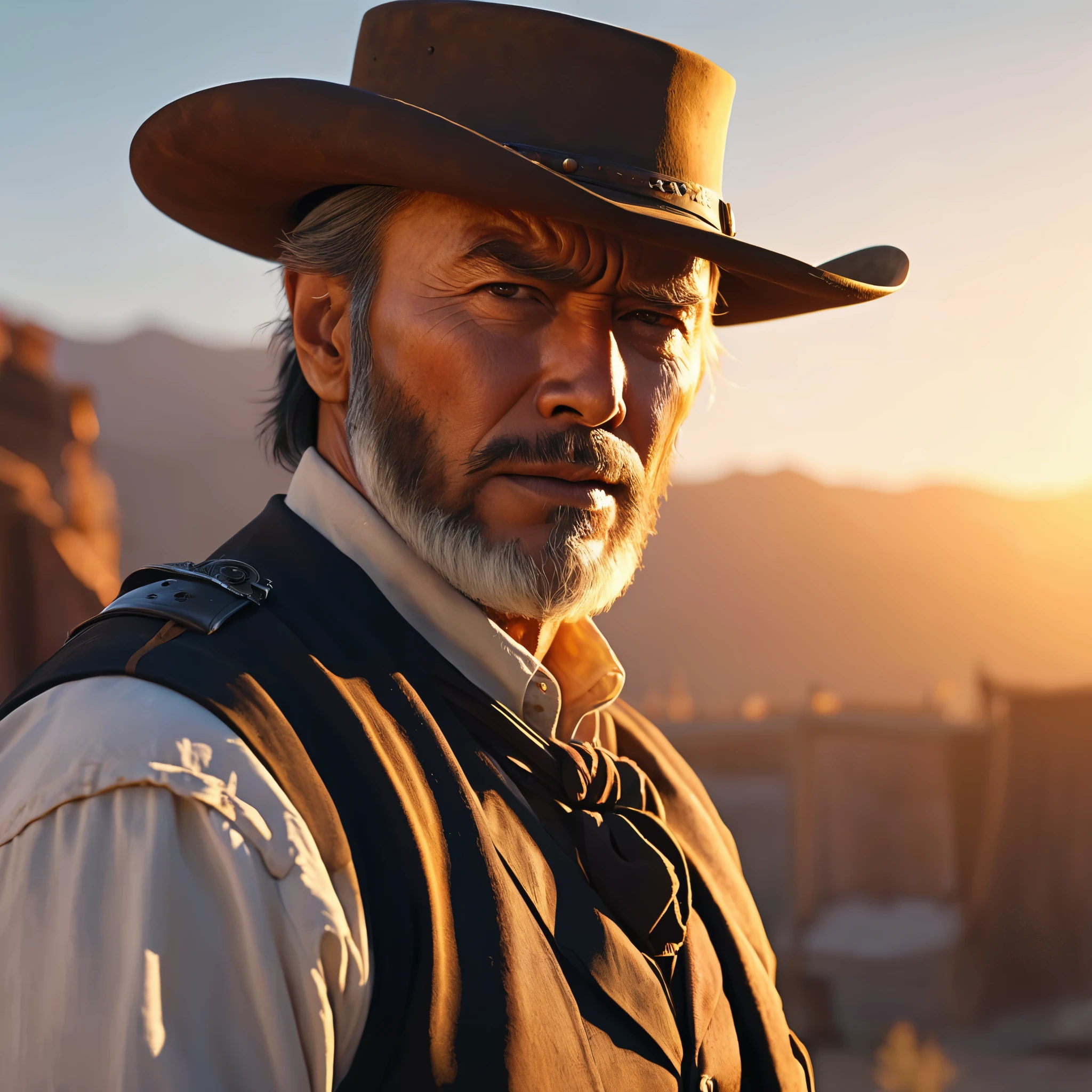 (extreme complexity)(two subjects) (Western gunfighter showdown), A (rugged man resembling Clint Eastwood, wild west gunslinger dressed in white), (busty malaysian gunslinger, age 20 immensely busty, hijab no hair showing), old west town sunset, (best quality,4k,8k,highres,masterpiece:1.2), ultra-detailed, (realistic,photorealistic,photo-realistic:1.37), HDR, UHD, studio lighting, ultra-fine painting, sharp focus, physically-based rendering, extreme detail description, professional, vivid colors, bokeh, portraits, landscape, horror, anime, sci-fi, photography, concept artists, warm color palette, golden-hour lighting, (show both gunslingers, extreme tension)