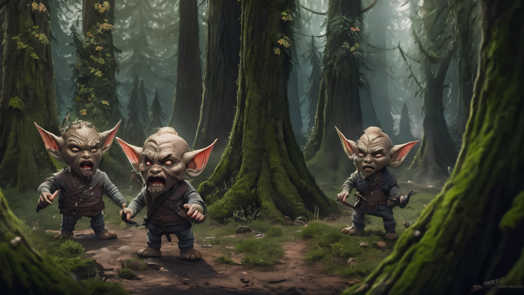 (master piece), 8k, best quality, panoramic view, Goblins, caramel, black and malicious eyes, evil, huge pointed ears, sharp teeth, bald, thin, 120 centimeters tall, dirty torn cloth clothing, threatening the gnomes, forest of the gnomes