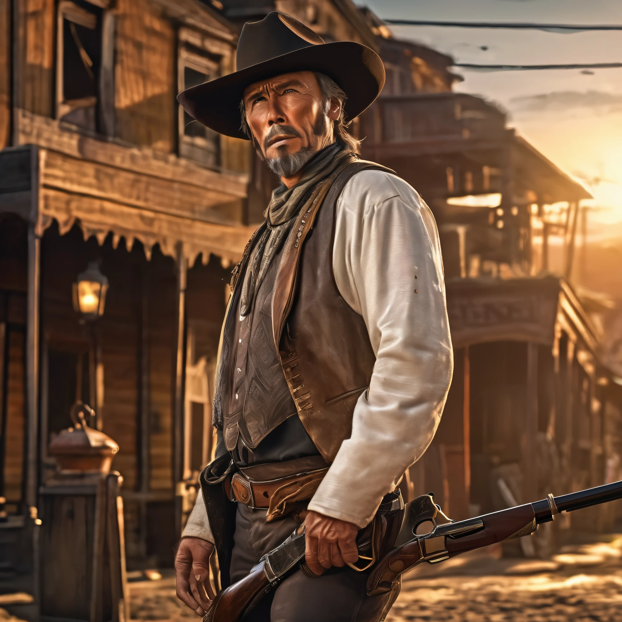 (extreme complexity)(two subjects) (Western gunfighter showdown), A (rugged man resembling Clint Eastwood, wild west gunslinger dressed in white), (busty malaysian gunslinger, age 20 immensely busty, hijab no hair showing), old west town sunset, (best quality,4k,8k,highres,masterpiece:1.2), ultra-detailed, (realistic,photorealistic,photo-realistic:1.37), HDR, UHD, studio lighting, ultra-fine painting, sharp focus, physically-based rendering, extreme detail description, professional, vivid colors, bokeh, portraits, landscape, horror, anime, sci-fi, photography, concept artists, warm color palette, golden-hour lighting, (show both gunslingers, extreme tension)