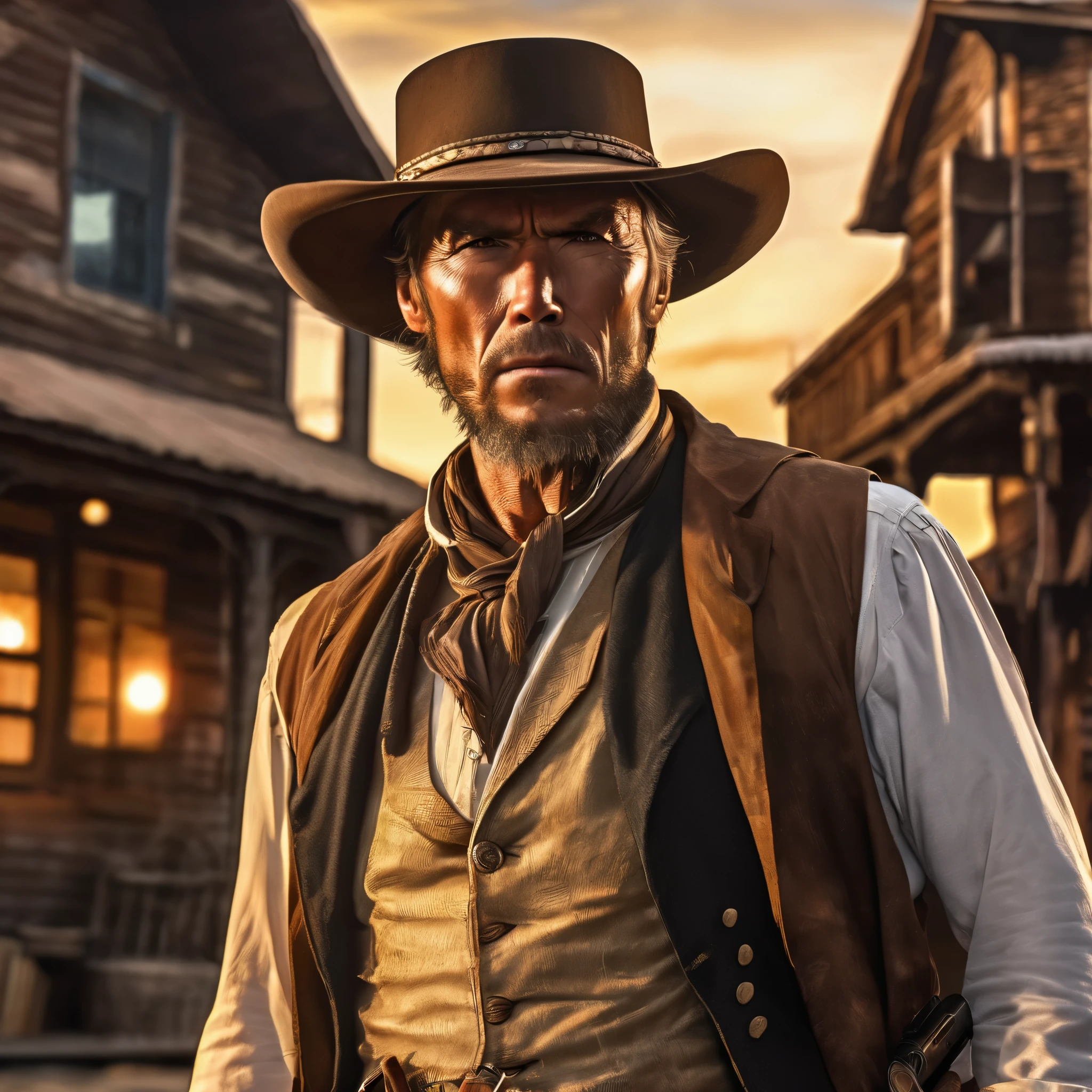 (extreme complexity)(two subjects) (Western gunfighter showdown), A (rugged man resembling Clint Eastwood, wild west gunslinger dressed in white), (busty malaysian gunslinger, age 20 immensely busty, hijab no hair showing), old west town sunset, (best quality,4k,8k,highres,masterpiece:1.2), ultra-detailed, (realistic,photorealistic,photo-realistic:1.37), HDR, UHD, studio lighting, ultra-fine painting, sharp focus, physically-based rendering, extreme detail description, professional, vivid colors, bokeh, portraits, landscape, horror, anime, sci-fi, photography, concept artists, warm color palette, golden-hour lighting, (show both gunslingers, extreme tension)