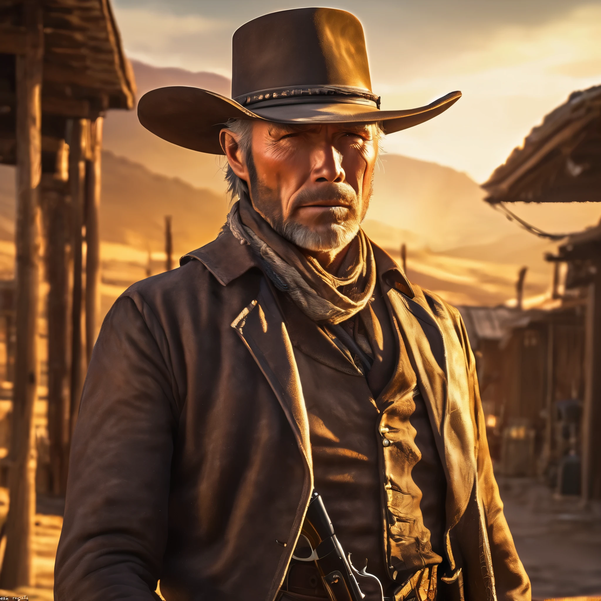 (extreme complexity)(two subjects) (Western gunfighter showdown), A (rugged man resembling Clint Eastwood, wild west gunslinger dressed in white), (busty malaysian gunslinger, age 20 immensely busty, hijab no hair showing), old west town sunset, (best quality,4k,8k,highres,masterpiece:1.2), ultra-detailed, (realistic,photorealistic,photo-realistic:1.37), HDR, UHD, studio lighting, ultra-fine painting, sharp focus, physically-based rendering, extreme detail description, professional, vivid colors, bokeh, portraits, landscape, horror, anime, sci-fi, photography, concept artists, warm color palette, golden-hour lighting, (show both gunslingers, extreme tension)