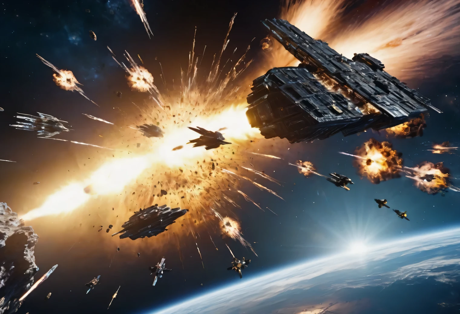 Realistic space battle scene in space, shooting from spaceships, Explosions and debris, the epic scale of what is happening, A high resolution, High detail, paint scene described in detail, high contrast of objects in dark outer space, digital frame processing, ray tracing, High realism, 32K, depth of field