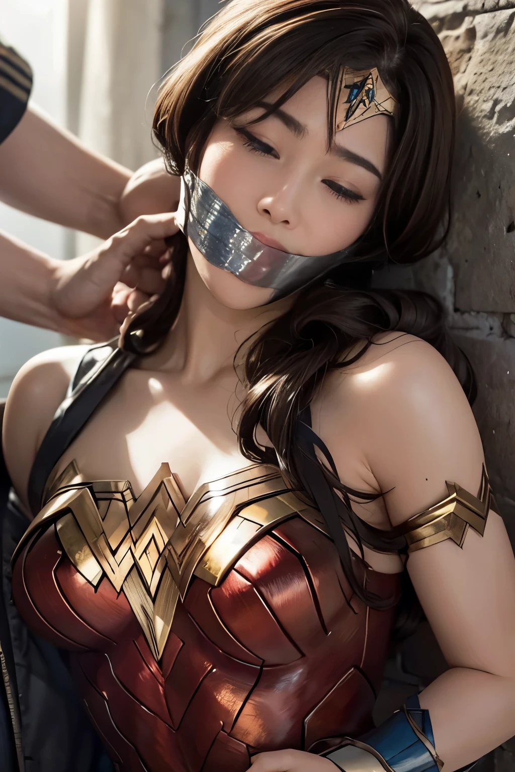 perfect wonder woman costume,Sleeping face,Close ~ eyes,face of suffering,sky face,sleeping face, being Embraced by a man,Embraced by a man,Embraced by a man,Captured by a man,Detained by a man、brown hair, ,improvised gag, tape gag, gagged, duct tape, tape bondage, turn your arms behind your back, tied arms,masterpiece、beautiful girl、fine 目、puffy eyes、highest quality, 超High resolution, (reality: 1.4), movie lighting、Japanese、asian beauty、Korean、super beautiful、beautiful skin、(超reality的な)、(High resolution)、(8k)、(very detailed)、(beautiful and fine eyes)、(Super detailed)、 (wall-)、detailed face、bright lighting、professional lighting、slanted bangs、、brown hair、20-year-old、wonder woman cosplay，wonder woman tiara