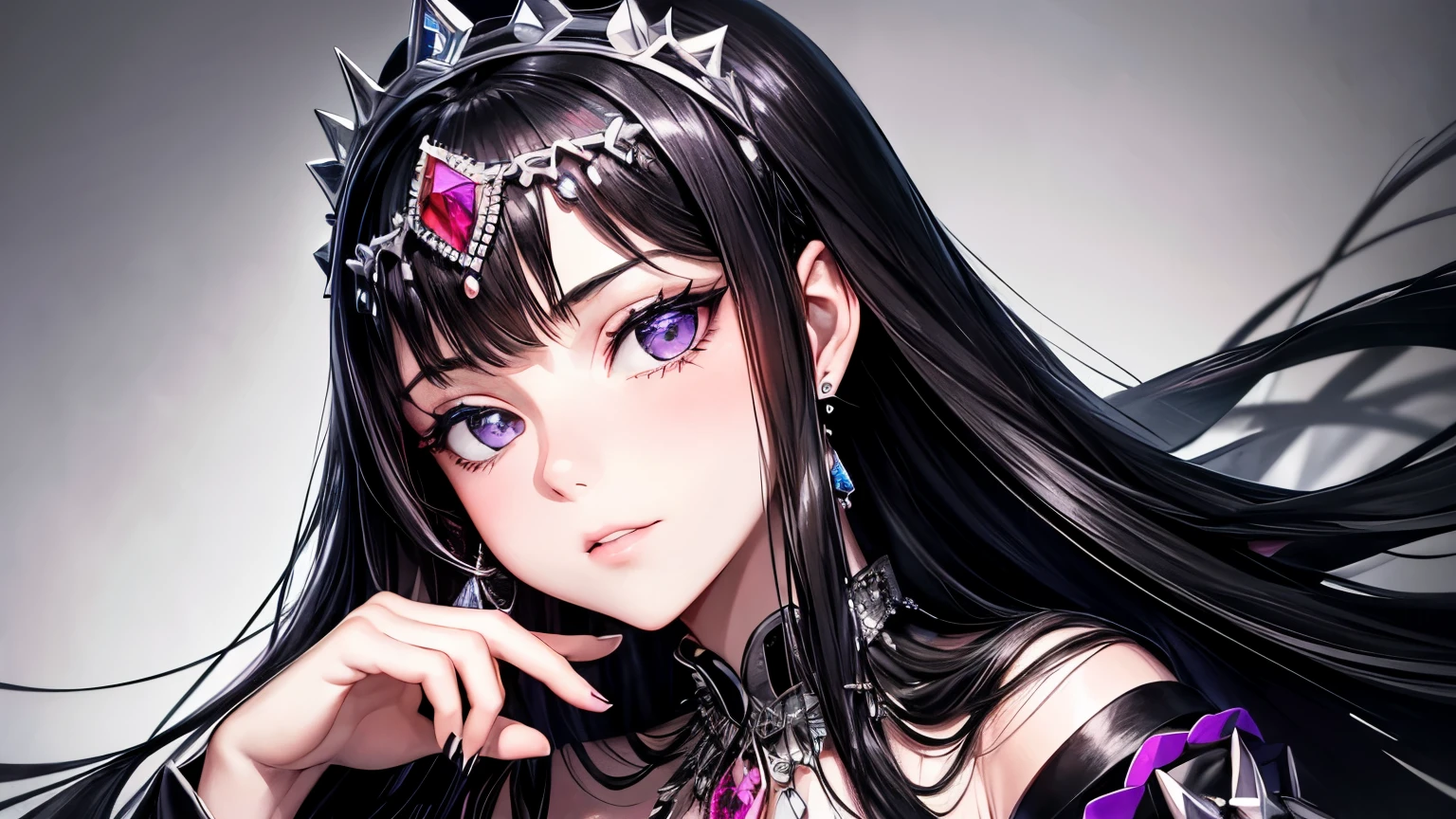 Realistic and detailed black-and-white portrait of a 17-year-old girl with long black hair with a tiara inlaid with pentagonal rubies and blue sapphires, made of silver metal, with a purple tint, interspersed with pearls. Silver half-shades between rubies. And black triangle studs above rubies