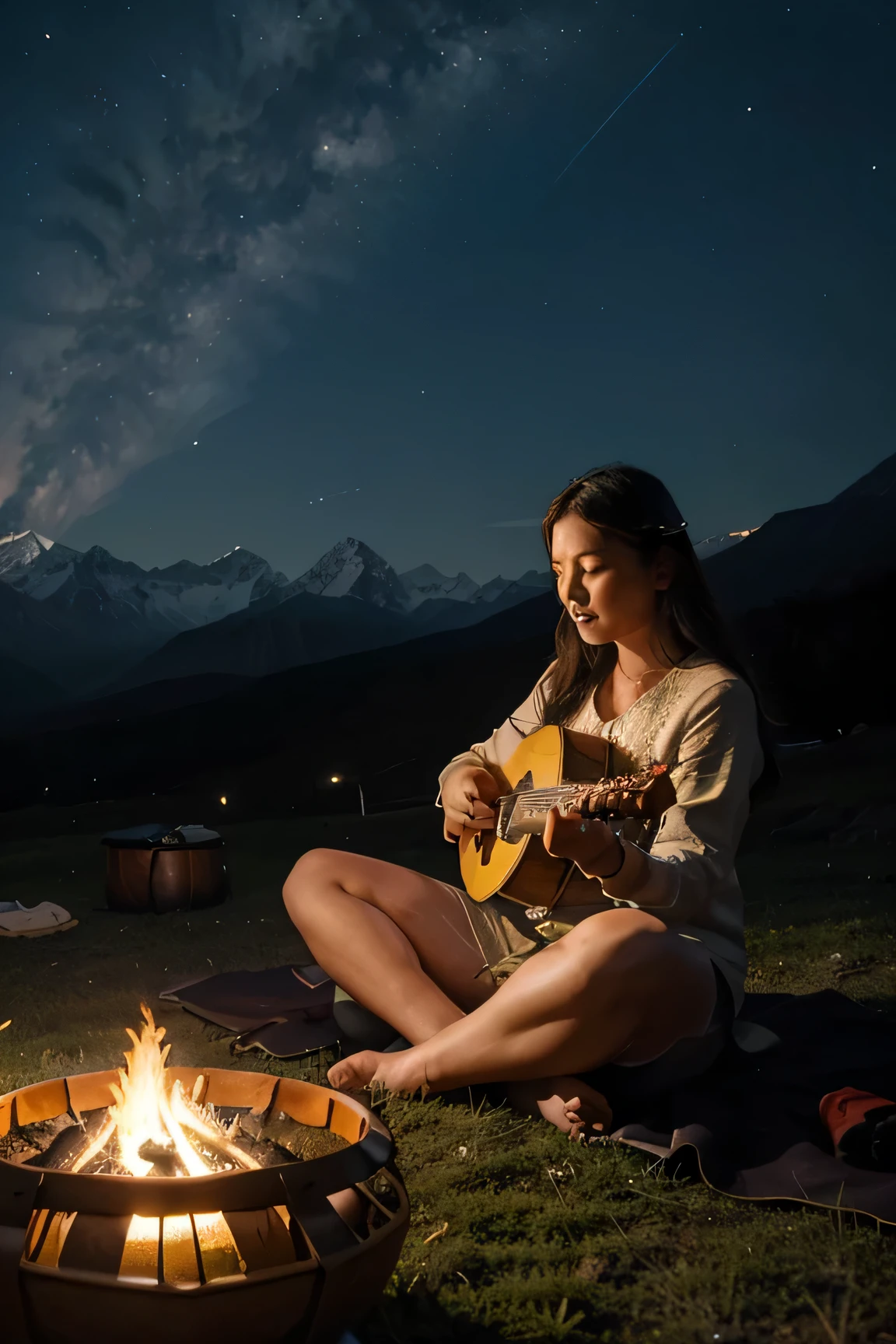 The Cocept of the poster is The retreat includes music in the Himalayan mountains where lush green mountain forest touches the icy peaks of mountains. People are meditating in a beautiful night while the sky is full with bright sky. There is a camp fire going. A singer playing song and a handpan music instrument is playing in a meadow hyper realstic,4k