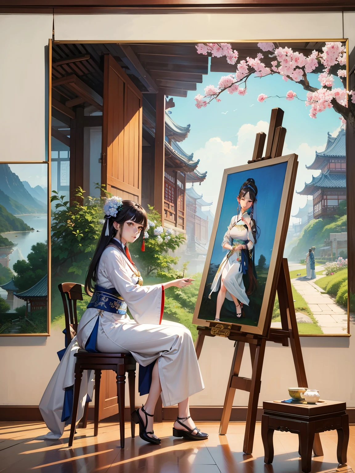 White Chinese wood hydrangea background,hydrangeas,big breasts,Wearing Hanfu,Absolutely beautiful women,big eyes,there is a woman sitting in a chair with a cat looking at a 绘画, Chinese artist, Stand in front of her easel, Chinese artist, Art comes to life, an epic 绘画 of an artist, as a painting, come to life, solo portrait 🎨🖌️, , , Inspired by Zhang Xuan, The best painter in the world, oleo