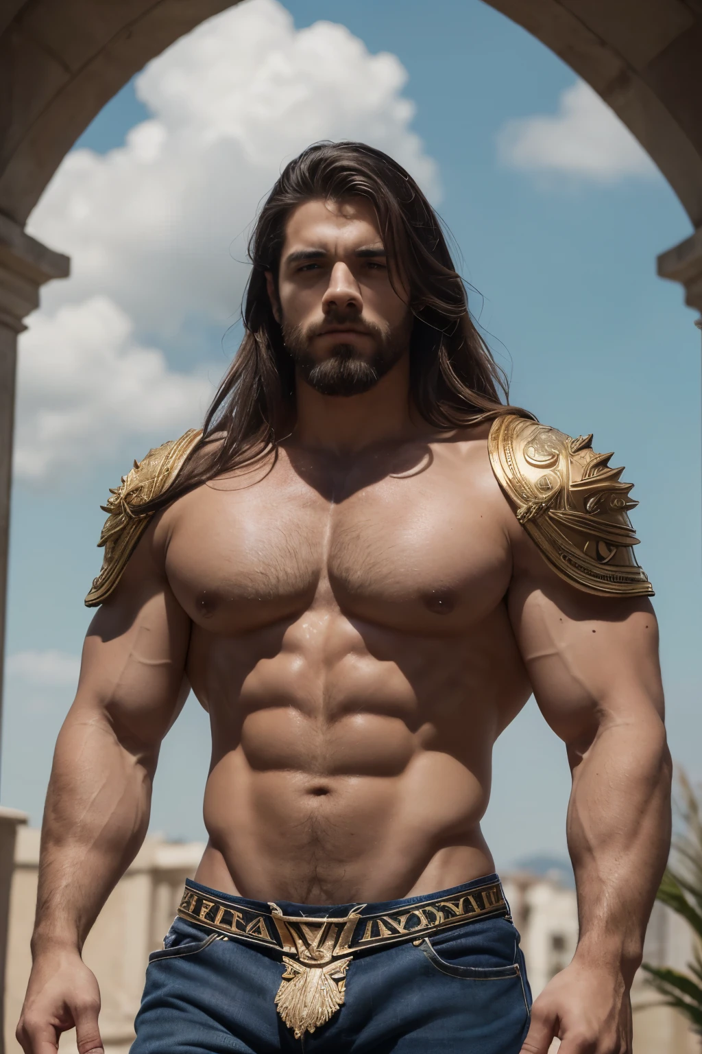 (Obra maestra)), ((Mejor calidad:1.2)), high resolution, 8K, (ultra_realista:1.3), (photorealista:1.4), (Plantilla de Instagram, elegante:1.2), ((Zeuusculous God with incredibly huge bodybuilder shape, Zeus tiene un rostro imponente y majestuoso, con ojos profundos y penetrantes que parecen (chispear con electricidad), una boca ancha y seria, and proportionate ears with well-defined lobes. Posee una nariz recta y prominente. Su cabello es largo, ondulado y oscuro, con (destellos dorados), fluyendo en mechones sobre sus hombros y espalda. His body is muscular and athletic, con una postura erguida que denota confianza y autoridad. Suele llevar largo, flowy tunics embellished with gold details., con colores predominantes de blanco, dorado y azul. Las texturas de su vestimenta son suaves y fluidas, evocando elegancia y nobleza. En cuanto a medidas, se le describe como un ser de estatura imponente, surpassing in height the other gods and mortals.