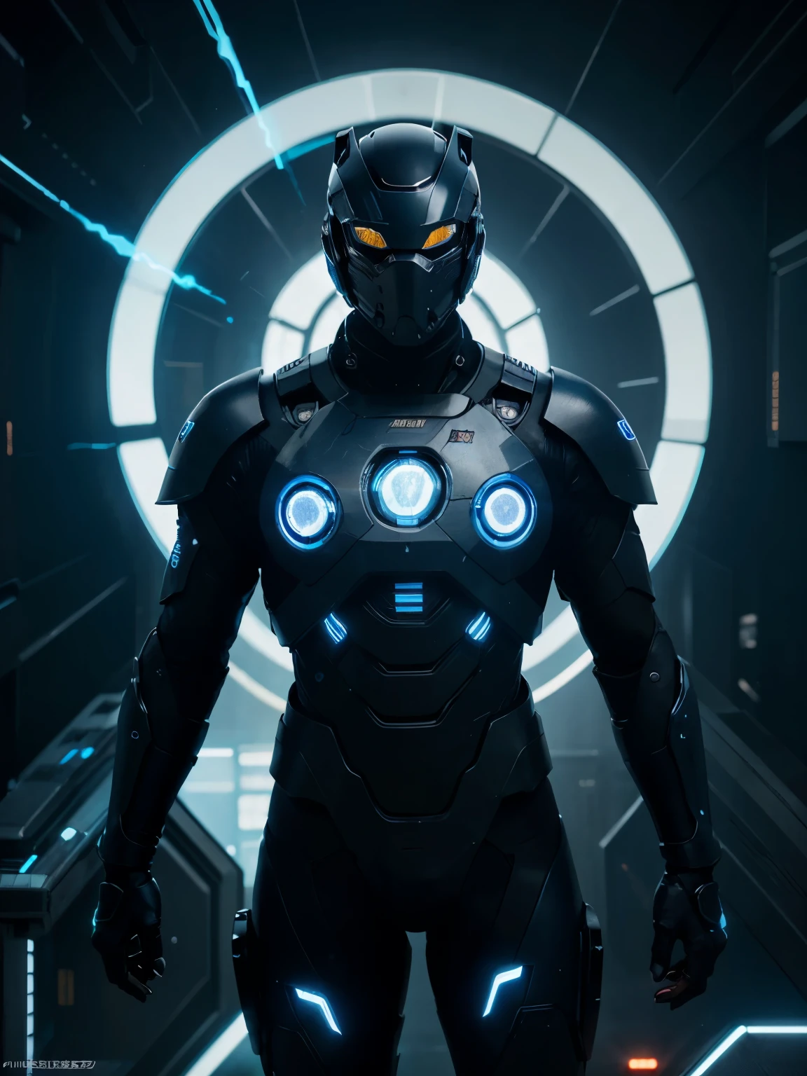 (Best quality), (beautiful quality), (4K), (futuristic), one male, neo Tokyo background, carbon black mech suit, glowing blue energy, full face mask, full body portrait, blue electricity surrounding man, powerful, magical
