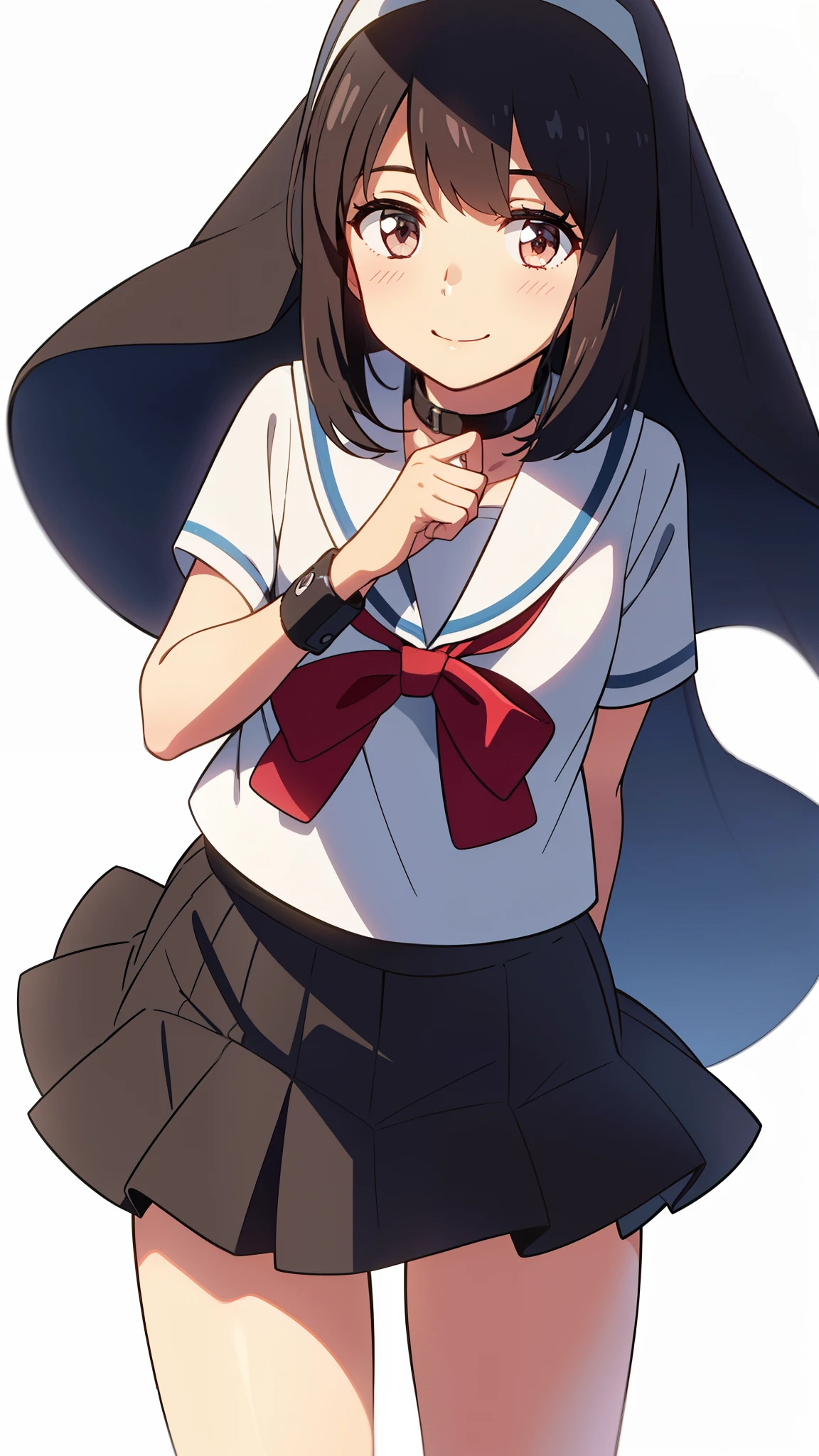 shinkai makoto, kimi no na wa., 1girl, bangs, black hair, short hair, blush, round eyes, bright eyes, brown eyes, red bow, muslimah, ((wearing islamic hijab)), smile, cute, beautiful, shiny skin, looking at the viewer, solo, cute girl, black sailor collar, black sailor color, black skirt, plaid skirt, short sleeves, white background