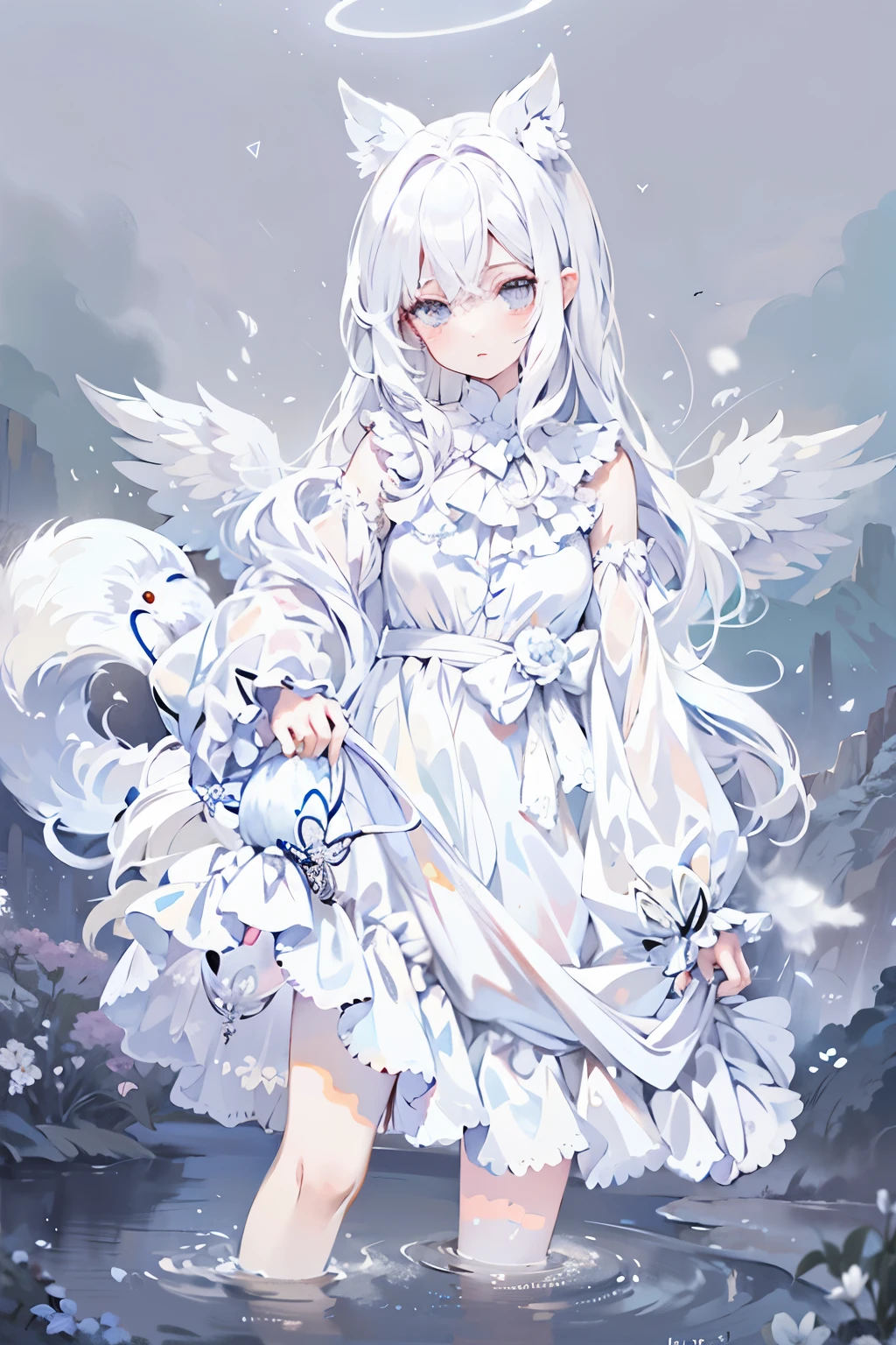 Anime girl with white hair and angel wings wearing white clothes, Digital art on pixiv, White-haired God, Pale young ghost girl, zero art, Ethereal animation, pixiv, pixiv style, Demon anime girl, A beautiful angel girl, white wings, gothic shoujo anime girl, pixiv contest winners, Astral Fairy, angelic purity, ethereal wings