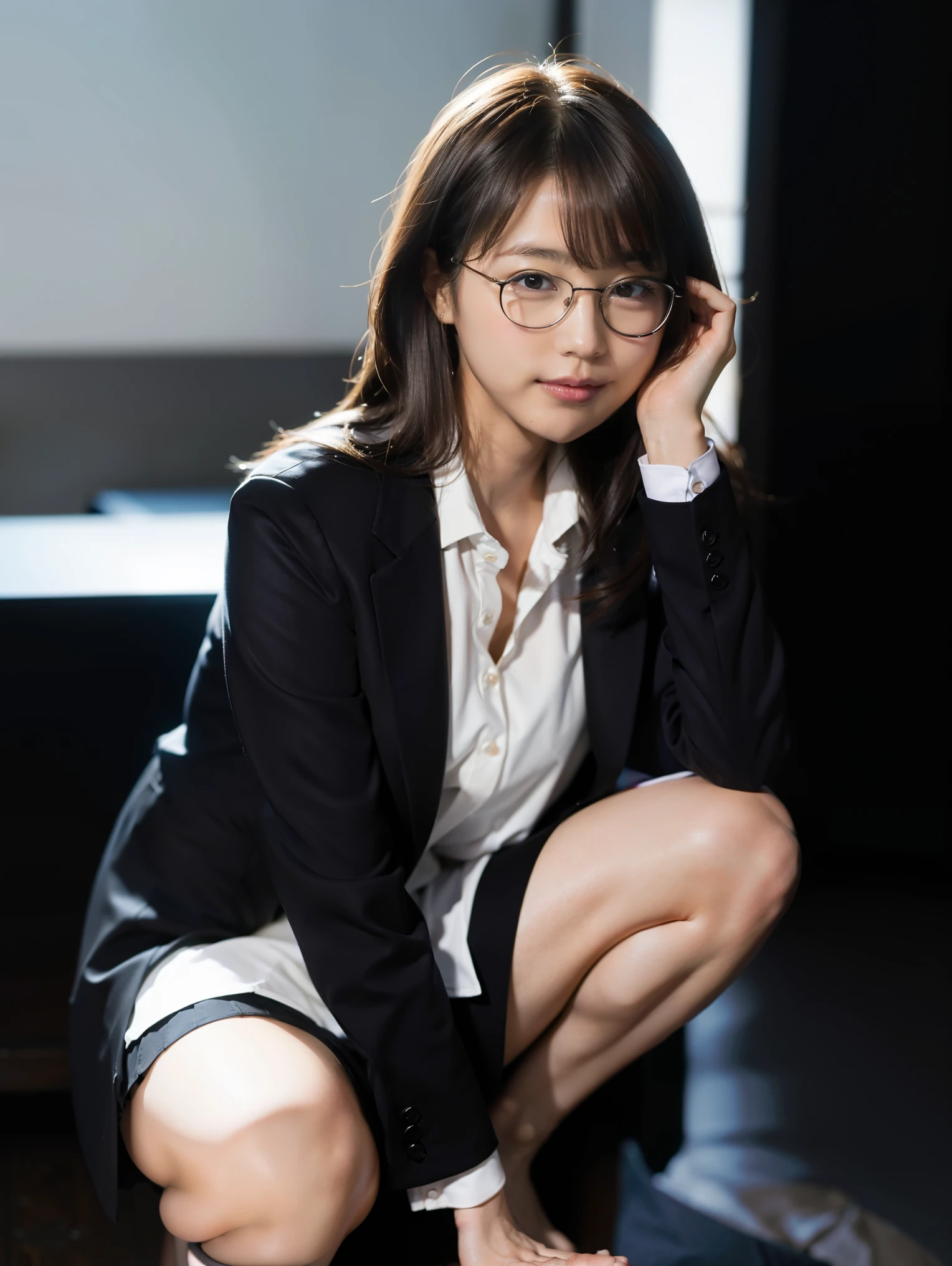(masterpiece:1.2), (highest quality), (Looks like a whole body:1.3) ,(super detailed), (8k, Complex), (lens 135mm,f1.8), (realistic)(black background:1.3), portrait photography,(dynamic pose),side lighting,edge lights up,best shadow,Area light source,perfect anatomy,perfect face shape,perfect for women,finest female body,Improves skin texture,fine cloth pattern,precise beauty,delicate and delicate skin,highly detailed skin,pale skin,delicate hair,glowing skin,highest quality, Realistic, 8k, khd, 1 girl, perverted woman, (Looks like a whole body:1.3), School,Slut, blazer jacket, tight mini skirt、open chest, uniform,visible nipples, without pants, The skirt is pulled up boldly, (legs open), bend your knees and open your legs, (long straight hair, brown hair), A buttoned-up shirt flaps、glasses, looking at camera、looking at the camera、smile、Female dog