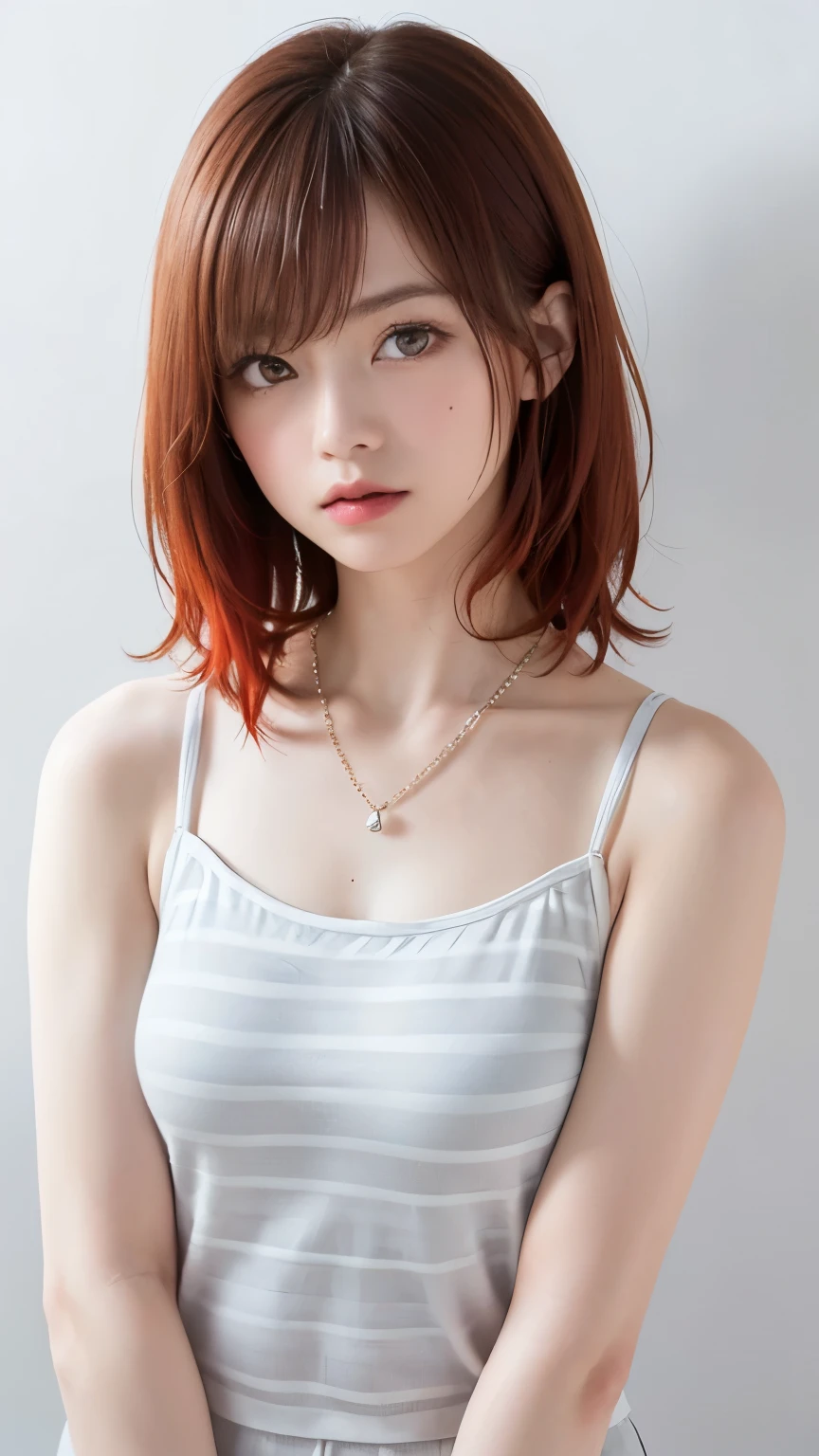 (highest quality、8k、32K、masterpiece、realistic)、(Photoreal:1.2)、(High resolution)、Super detailed、very beautiful face and eyes、1 girl、round and small face、thin waist、delicate body、(highest quality、high detail、rich skin details)、(highest quality、8k、oil paint:1.2)、Super detailed、(realistic、realistic:1.37)、bright colors、(((cheeks are flushed)))、(((Wearing a light blue tank top)))、(((I have red hair)))、(((I have red hair)))、(((bust shot)))、(((white background)))、((medium hair))、(((pure white wall background)))、(((Gray and white stripes々Patterned camisole)))、(((pure white wall background)))、(((wearing a moon-shaped necklace)))、(((I&#39;m crossing my arms in front of my chest)))、(((It&#39;s an angry look)))、(((She is wearing a white and gray camisole)))、(((Vertical striped camisole)))、(((I am standing proudly with my arms folded.)))、(((striped camisole)))、(((Arms crossed)))