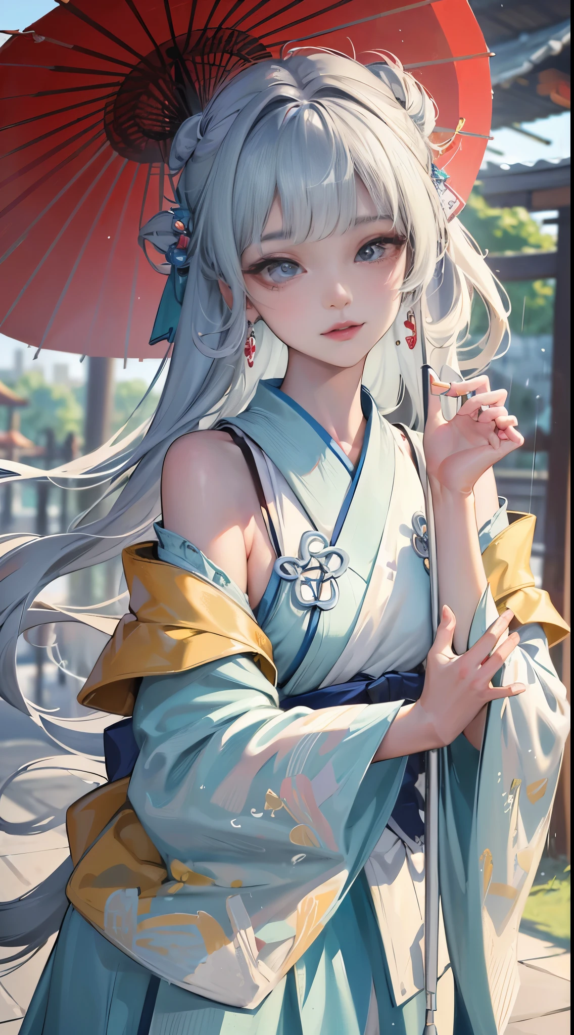 Masterpiece,Extremely detailed Cg Unity 8K wallpaper,1girll, Beautiful,largeeyes, Clear facial features,Realistic, Blurry, Blurry_Background, Blurry_foreground, Chinese pavilions, Earrings,jewelry, nase, Realistic, Solo,Off-the-shoulder Hanfu,Holding an Ollie paper umbrella, rain