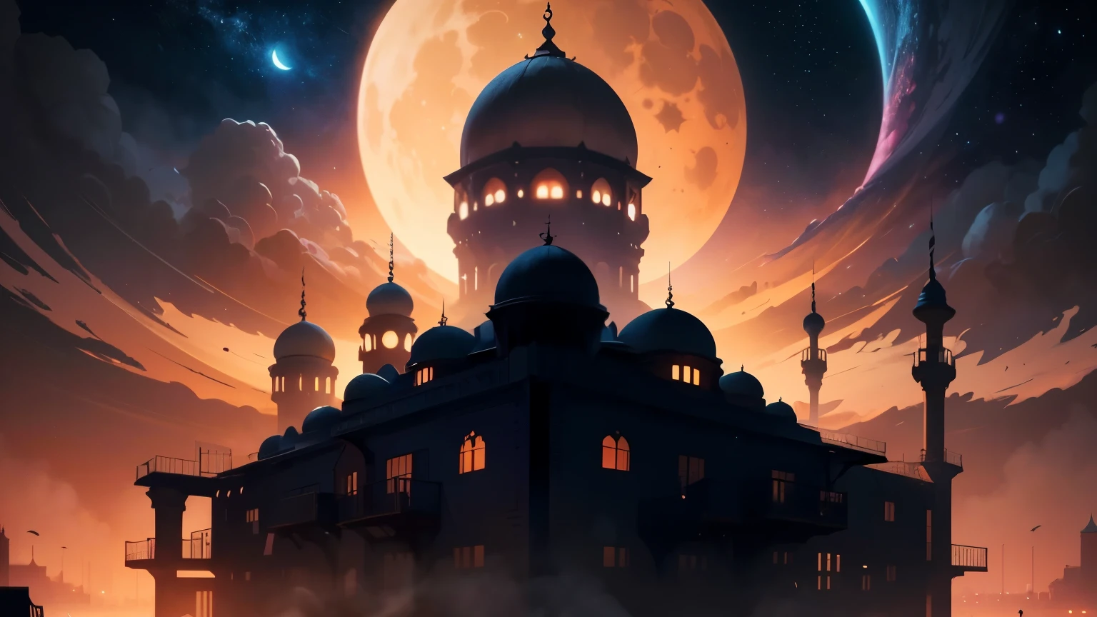 mosque silhouette, 8k stunning artwork, concept art wallpaper 4k, inspired by Andreas Rocha, andreas rocha style, inspired by Cyril Rolando, a beautiful artwork illustration, 4k highly detailed digital art, concept art | rhads, beautiful art uhd 4 k, 8k hd wallpaper digital art, million of stars, moon