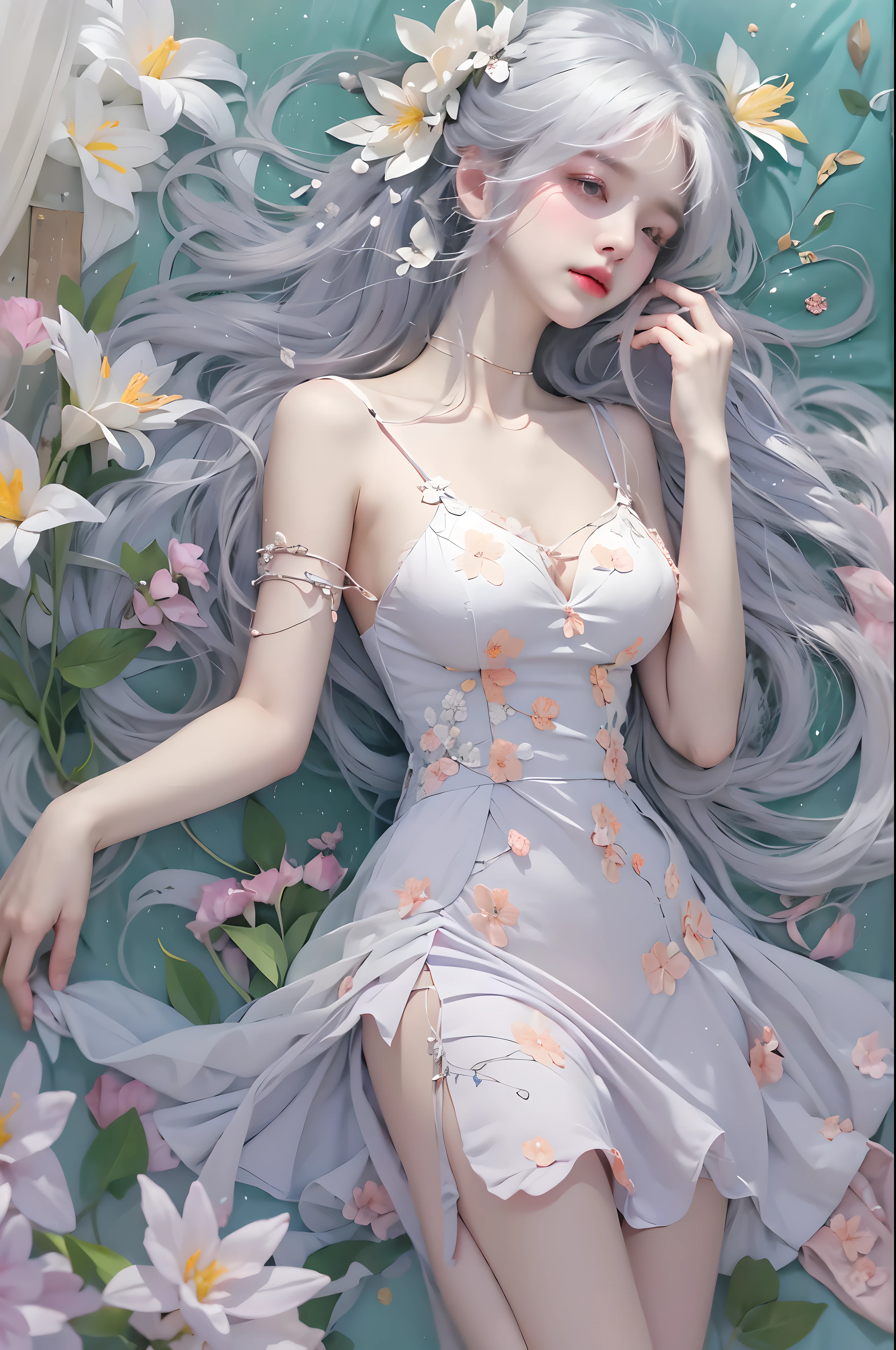 Special clothing53,skirt,, ((knee shot)), One hand resting on his lips、周围头发有白Butterfly兰，Lilac dendrobium、orange lily、White Lily、1 girl in、full-body shot、white hair、flowing hair、hazy beauty、plump breasts, felling, Have extremely beautiful facial features、hairpins on head、lying among flowers、Drag your chin with both hands、perfect hands、rosette、(spring、rainy day、Butterfly、cliff)、 vector art、Chinese contemporary art、soft light、intertwined scarves、look down