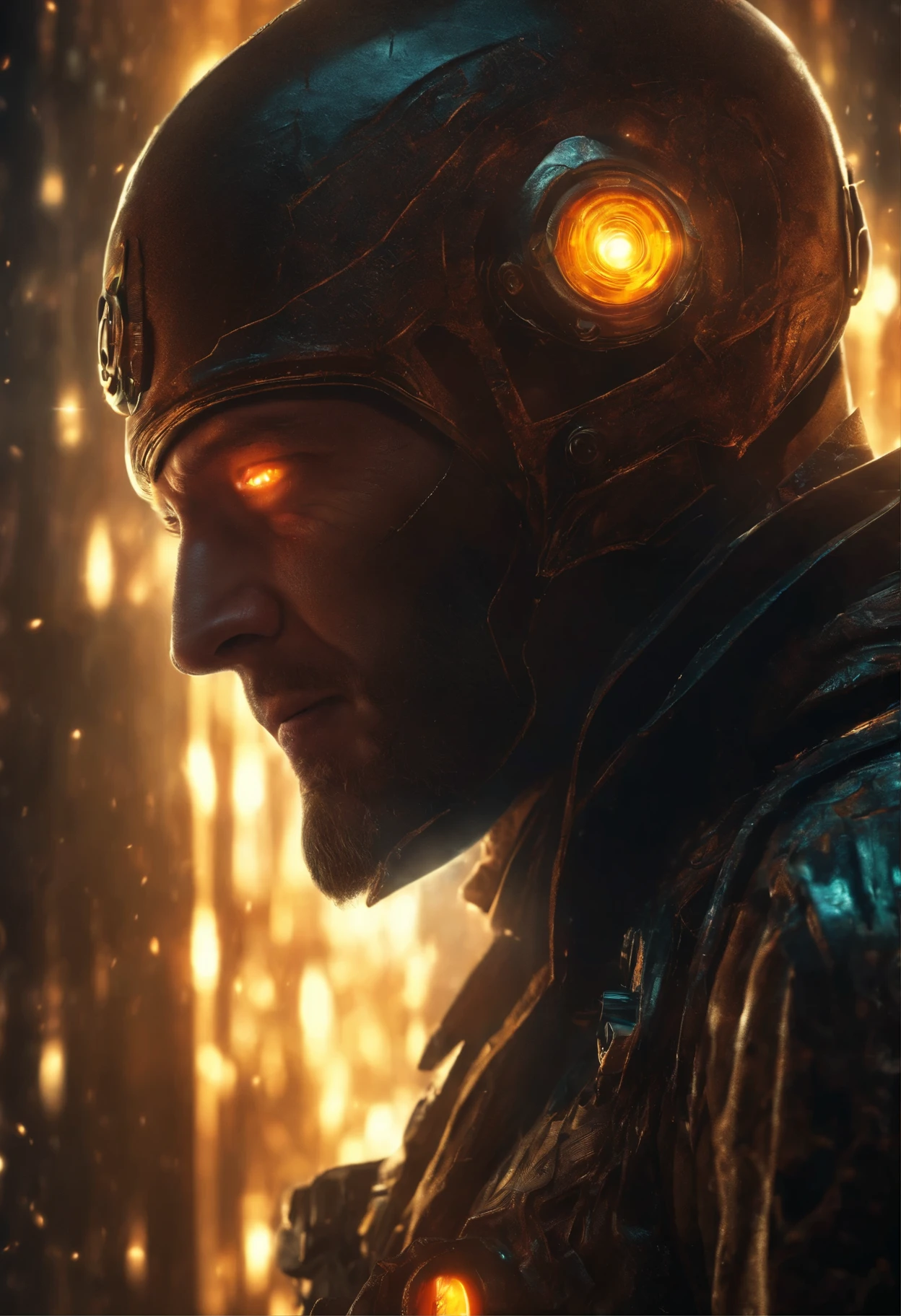 The postal dude, glowing light eyes, Biomechanical, eerie, Creepy, nightmarish, Very bright colors, Light particles, with light glowing, Mshiff, wallpaper art, UHD wallpaper