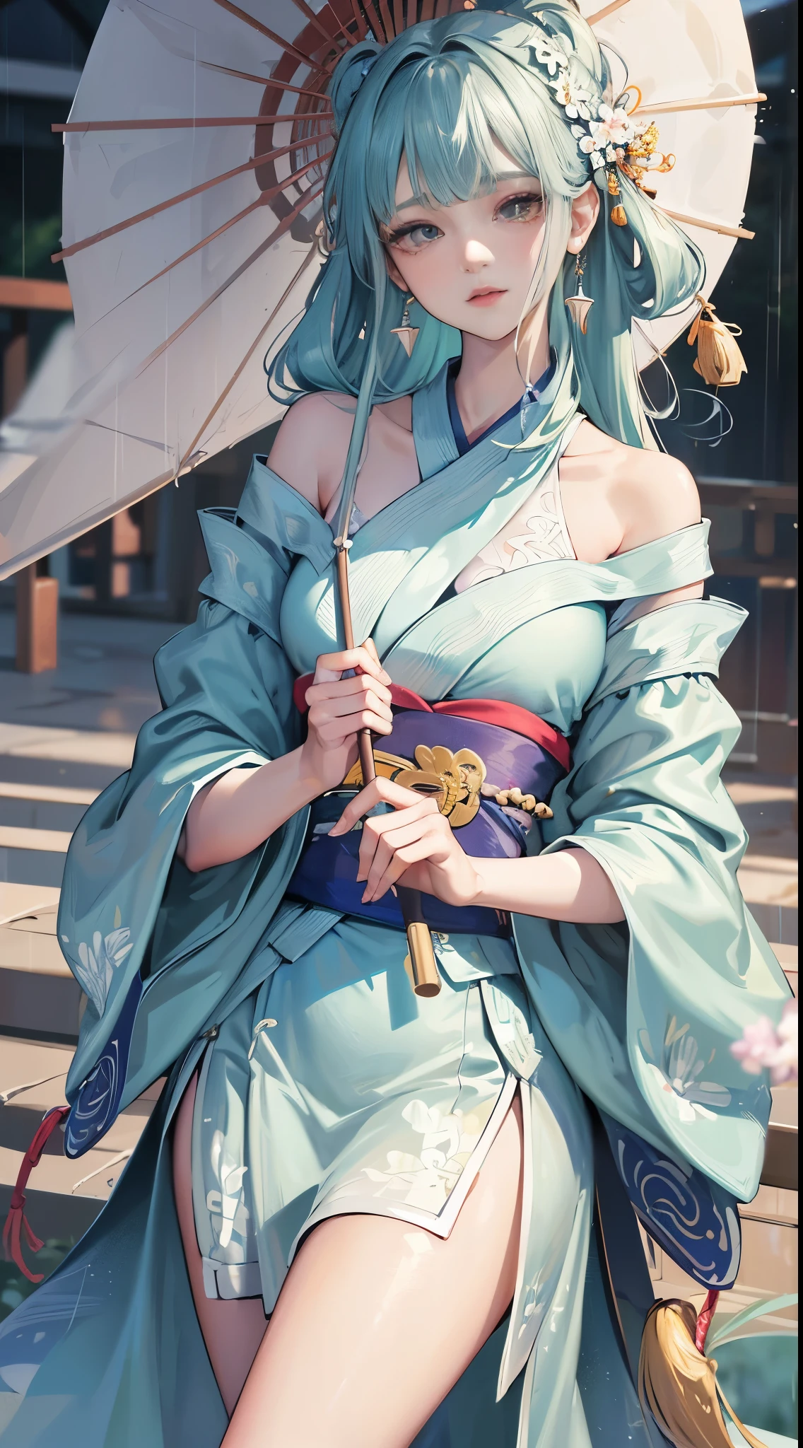 Masterpiece,Extremely detailed Cg Unity 8K wallpaper,1girll, Beautiful,largeeyes， Clear facial features，Realistic, Blurry, Blurry_Background, Blurry_foreground, Chinese pavilions, Earrings,jewelry, nase, Realistic, Solo,Off-the-shoulder Hanfu,Holding an Ollie paper umbrella, rain