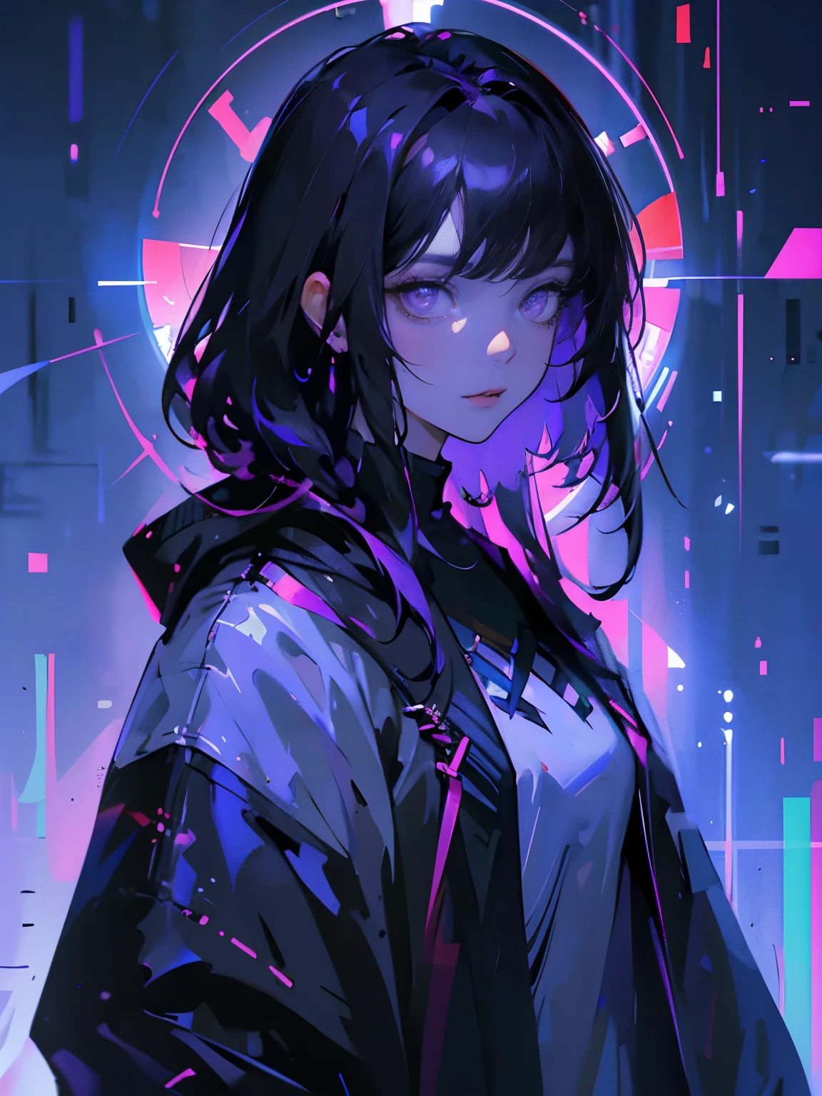 (masterpiece, top quality, best quality, official art, beautiful and aesthetic), female, medium black hair, blue side hair, with bangs, equals eyes, sharp eyes, purple eyes, Extreme Detail, white shirt, white hood, Effect